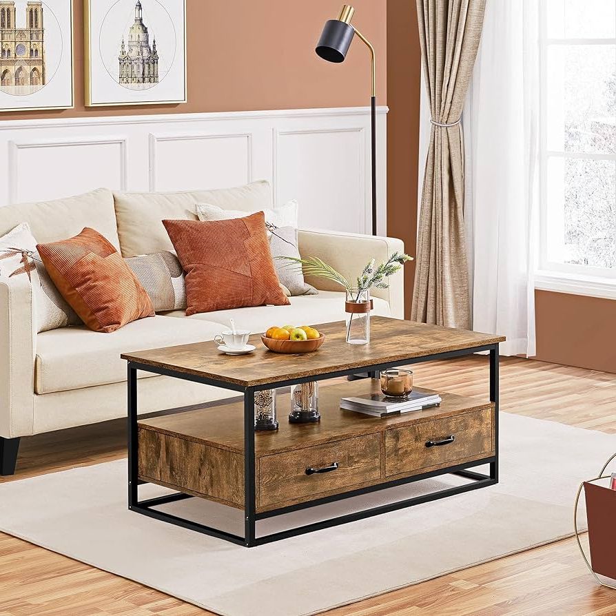 Favorite Amazon: Yaheetech Farmhouse Coffee Table With Open Storage Shelves And  2 Drawers, 43.5" Length Center Table Cocktail Table With Metal Frame For  Living Room, Rustic Brown : Home & Kitchen Pertaining To Coffee Tables With Open Storage Shelves (Photo 10 of 10)