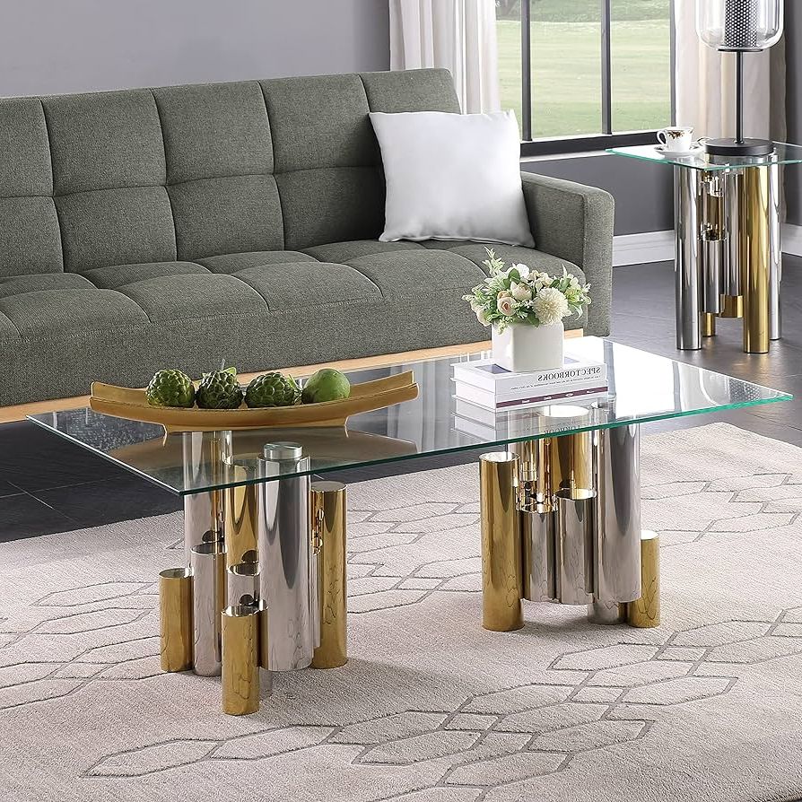 Favorite Clear Rectangle Center Coffee Tables With Regard To Amazon: Modern 48" Rectangular Clear Glass Coffee Table, Unique Luxury Coffee  Table With Gold Silver Irregular Stainless Steel Frame, Elegant Cocktail Center  Table For Living Room Home Ofiice : Home & Kitchen (Photo 2 of 10)