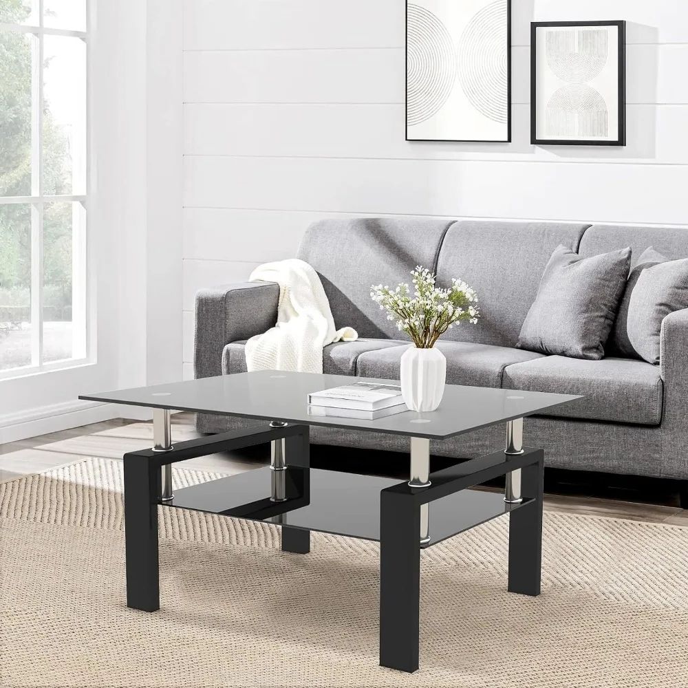Favorite Dklgg Glass Coffee Table, Rectangle Center Table Living Room Tables With Lower  Shelf, 2 Tier Modern Black Coffee Table – Aliexpress In Glass Coffee Tables With Lower Shelves (Photo 8 of 10)