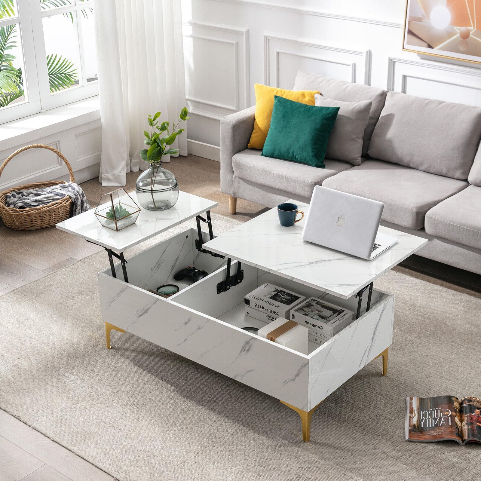 Favorite High Gloss Lift Top Coffee Tables For Amazon: Cosvalve 43" White Marble Lift Top Coffee Table For Living  Room, Modern Extendable Pull Up Center Table With Storage, Small Rectangle Cocktail  Table, Reception Table : Home & Kitchen (Photo 1 of 10)