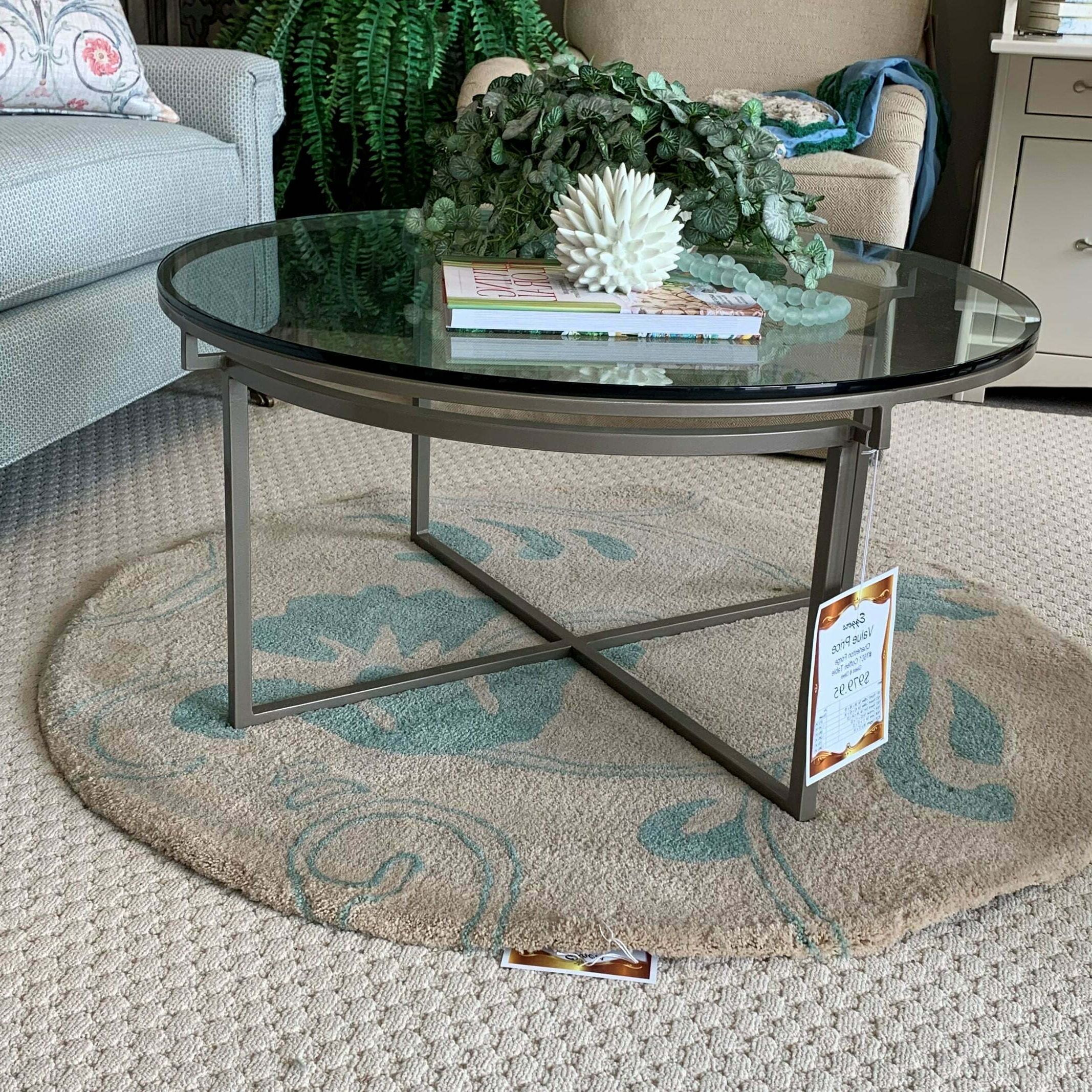 Glass Top Coffee Tables With 2020 7601 Glass Top Coffee Table, 36″ Round, With Steel Base, Pewter Finish,  Quality Builtcharleston Forge – Egger's Furniture (View 4 of 10)