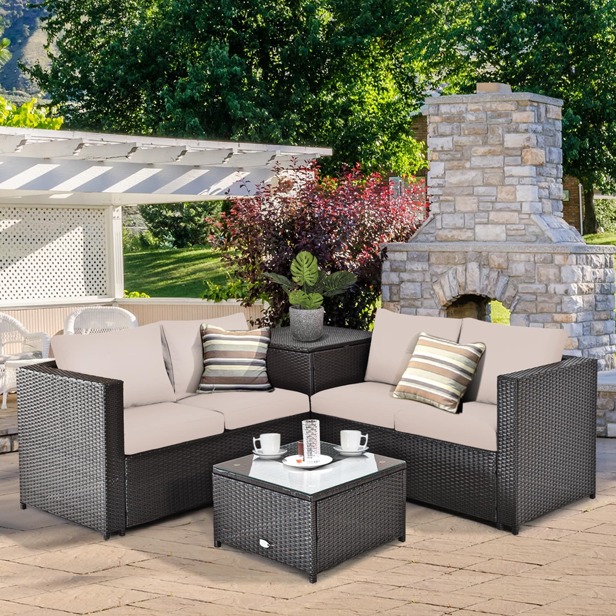 Gymax 4pcs Cushioned Rattan Patio Conversation Set W/ Coffee Table – On  Sale – Bed Bath & Beyond – 35488757 Pertaining To 2020 4pcs Rattan Patio Coffee Tables (View 3 of 10)