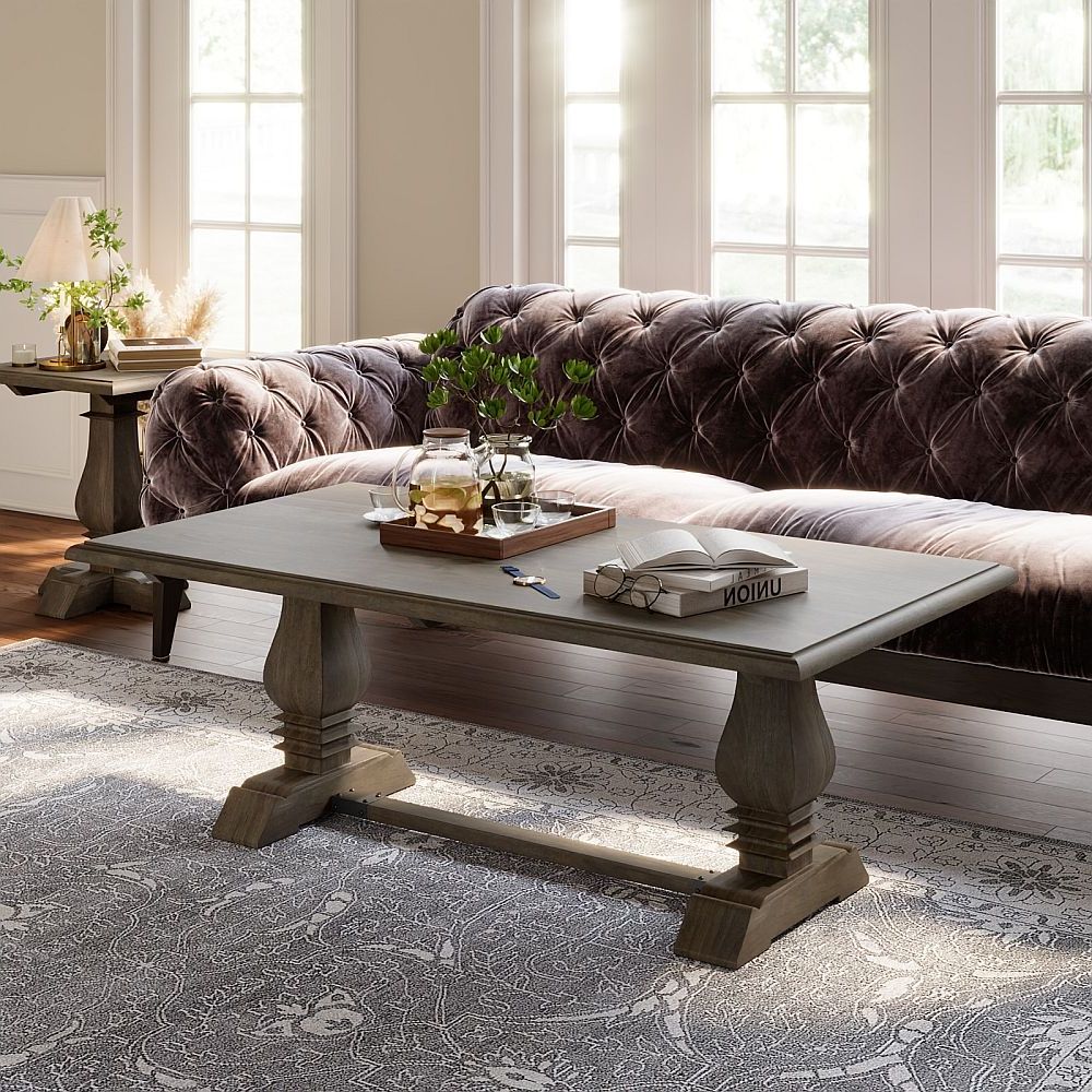 Hampton Rustic Coffee Table, Solid Mango Wood Rectangular Top With Double  Pedestal Balustrade Base With Regard To Most Current Rectangular Coffee Tables With Pedestal Bases (Photo 5 of 10)