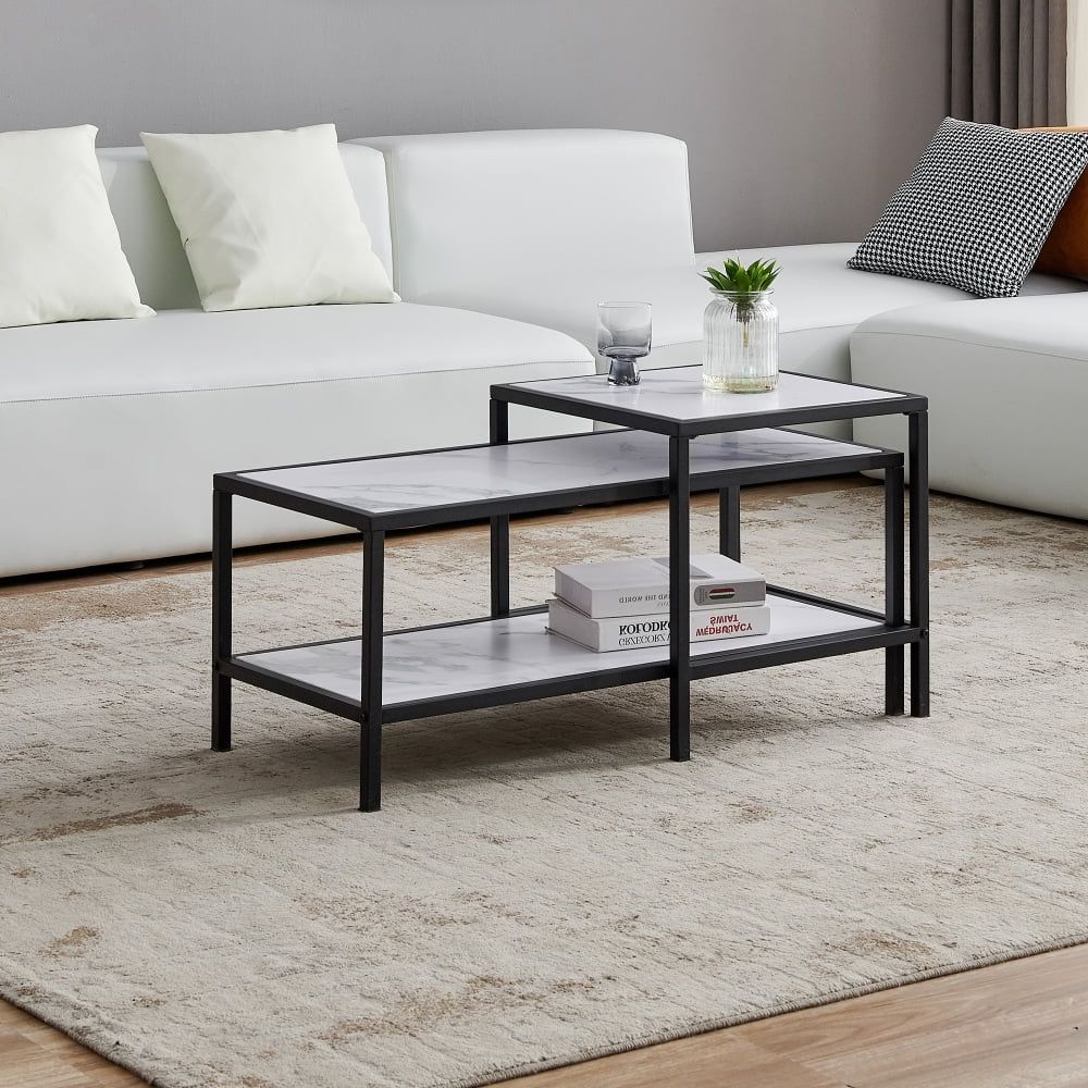 Hassch 2pcs Modern Nesting Coffee Tables Square & Rectangle End Table,  Black Metal Frame – Walmart Regarding Most Up To Date Hassch Modern Square Cocktail Tables (View 9 of 10)