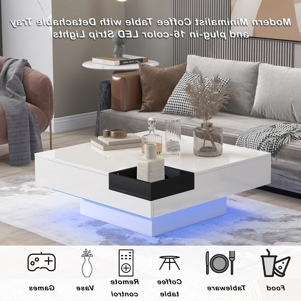 Hassch Modern Square Cocktail Tables Pertaining To Trendy Hassch Modern Coffee Table With Detachable Tray, Minimalist Square Cocktail  Table With Led Lights, Remote Control For Living Room, White – Walmart (View 7 of 10)