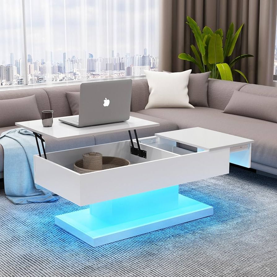 High Gloss Lift Top Coffee Tables Inside Most Popular Amazon: Led Lift Top Coffee Tables For Living Room, High Gloss White Coffee  Table With Storage, Modern Lift Up Coffee Table With 16 Colors Light, Wood  Rectangle Center Table For Home Office ( (Photo 8 of 10)