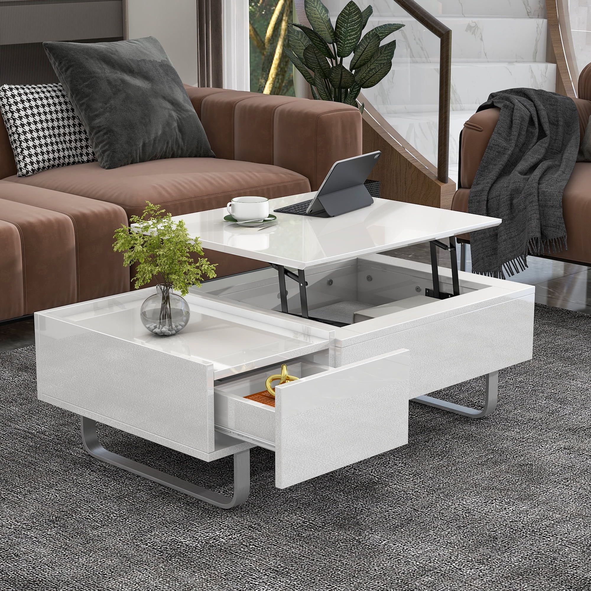 High Gloss Lift Top Coffee Tables Throughout Newest Euroco Modern 45.3" Rectangle High Gloss Lift Top Coffee Table With  Drawer,white – Walmart (Photo 7 of 10)