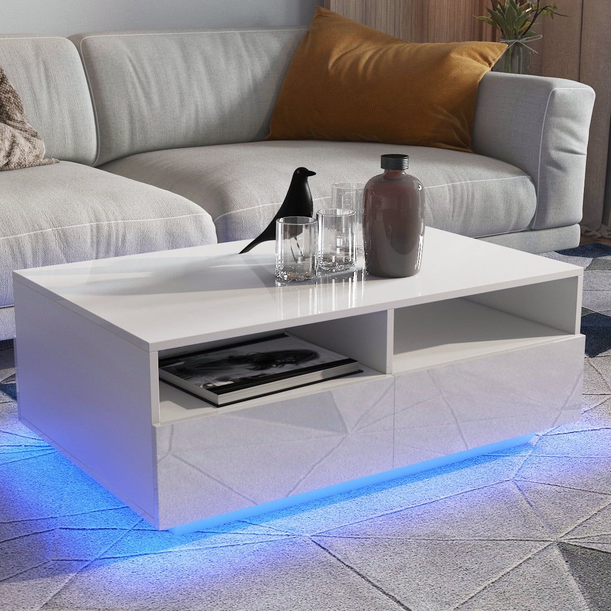 Hommpa Coffee Table With 4 Drawers And Open Shelf Led Center Table Sofa Side  Tea Tables White High Gloss Finish – Walmart Regarding Best And Newest Led Coffee Tables With 4 Drawers (View 4 of 10)