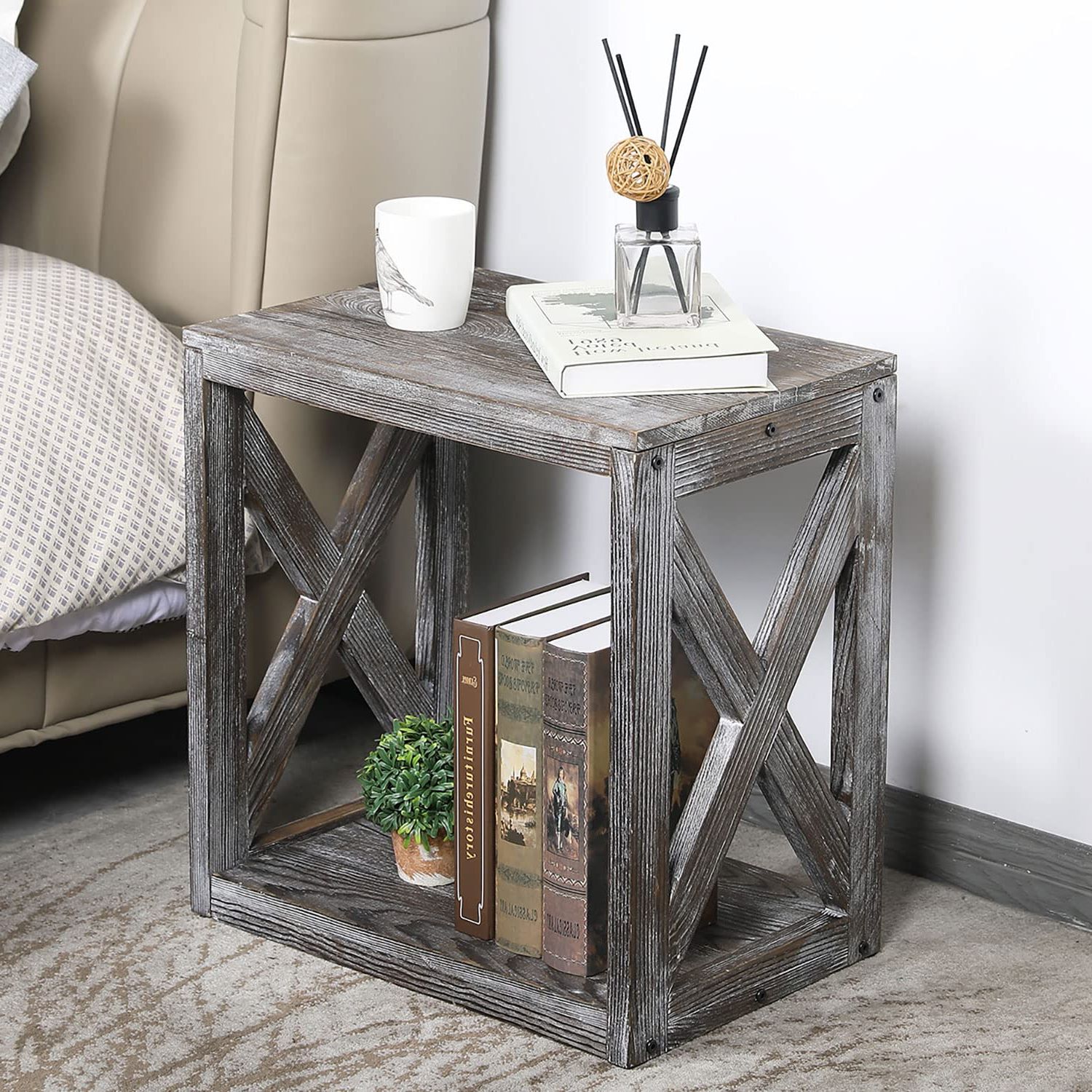 Latest Amazon: Mygift Vintage Gray Solid Wood Small End Table/side Table/night  Stand/bedside Table With X Design And Bottom Storage Shelf, Decorative  Sturdy Nightstand : Home & Kitchen Regarding Rustic Gray End Tables (View 7 of 10)