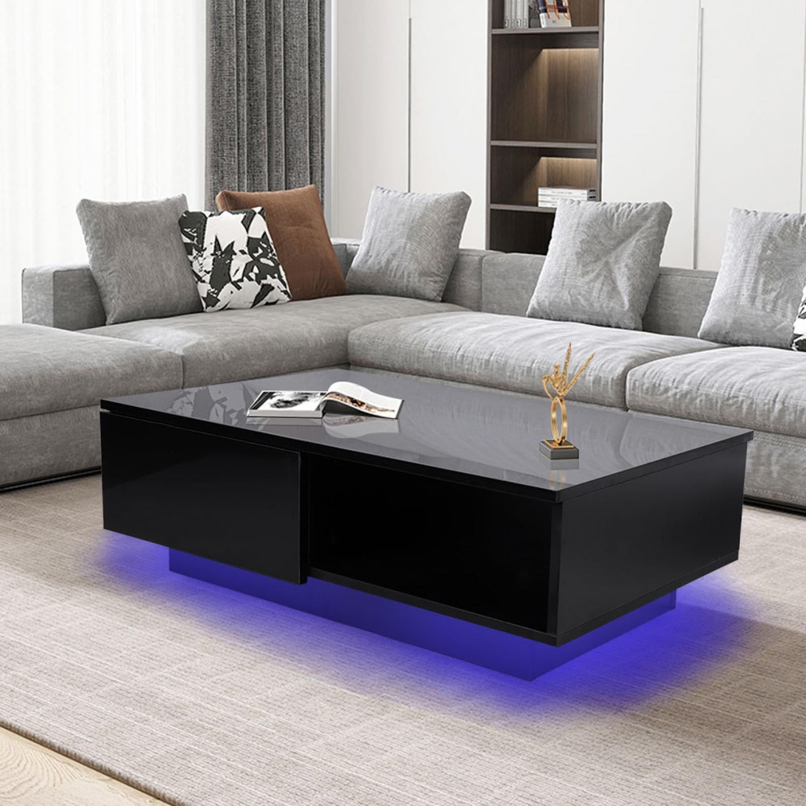 Latest Rectangular Led Coffee Tables Inside Ebtools Rectangle Led Coffee Table, Black Modern High Gloss Furniture  Coffee Table Living Room Storage Table With Drawer And Led Light –  Walmart (Photo 3 of 10)