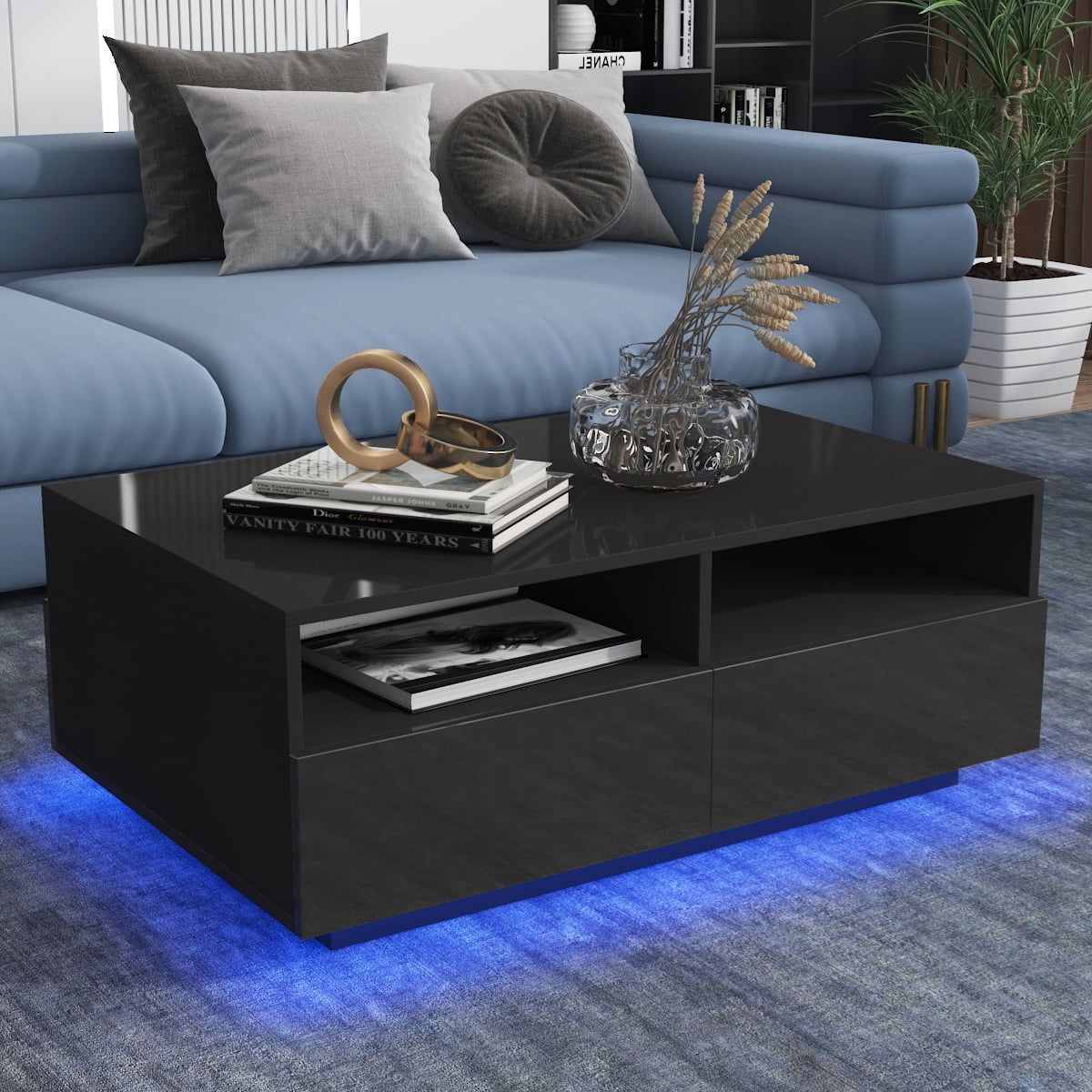 Led Coffee Tables With 4 Drawers For Most Recent Hommpa Coffee Table With 4 Drawers And Open Shelf Led Center Table Sofa Side  Tea Tables Black High Gloss Finish – Walmart (View 6 of 10)