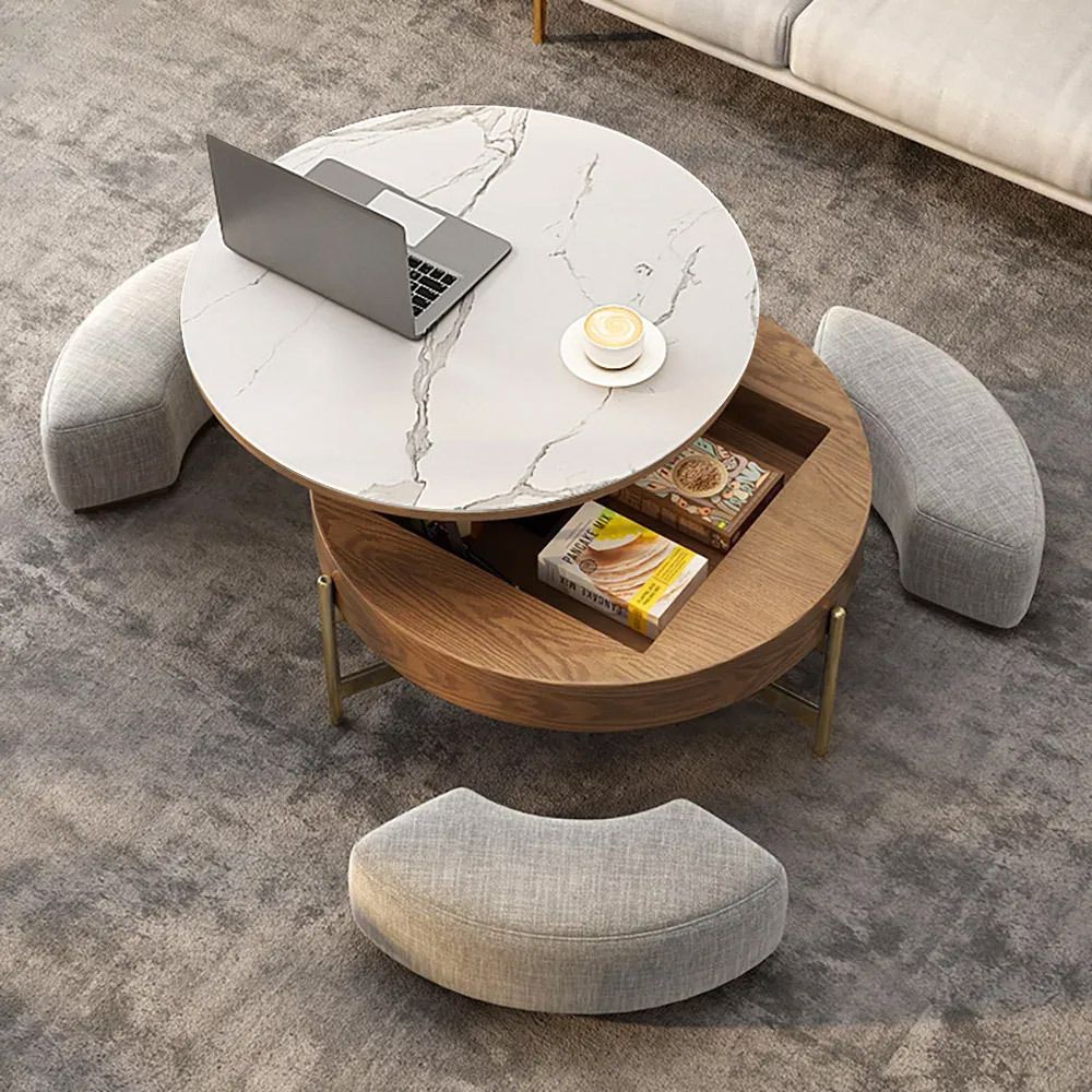 Lift Top Coffee Tables In Preferred Modern Round Lift Top Coffee Table Set With Storage & 3 Ottomans White &  Walnuthomary (View 24 of 26)