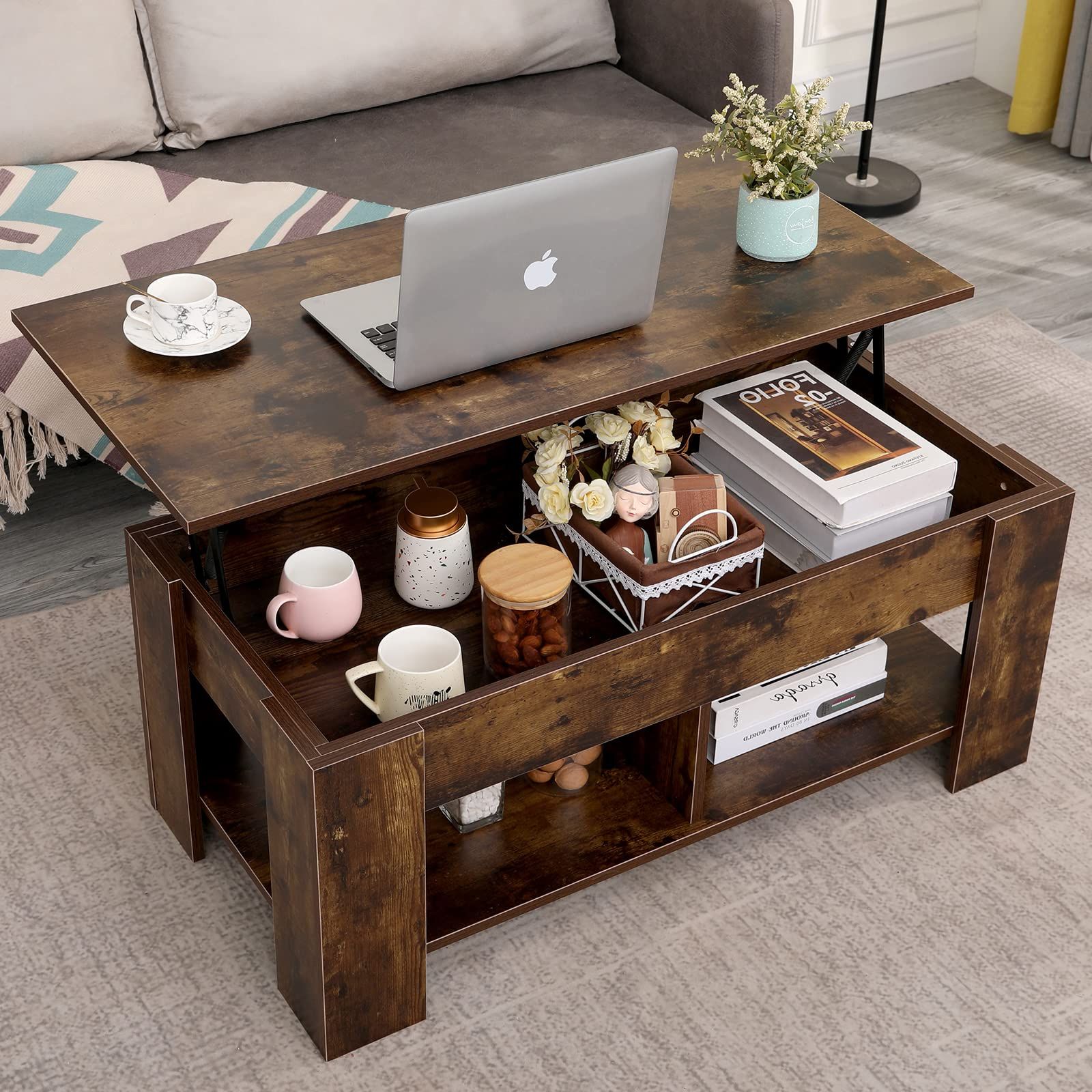 Lift Top Coffee Tables Regarding Well Known Lift Top Coffee Table With Storage, 2 Open Shelves And Hidden Compartment  Lifting Center Table, Modern Wood Coffee Tables For Living Room Reception  Room Office : Amazon.co.uk: Home & Kitchen (Photo 8 of 10)
