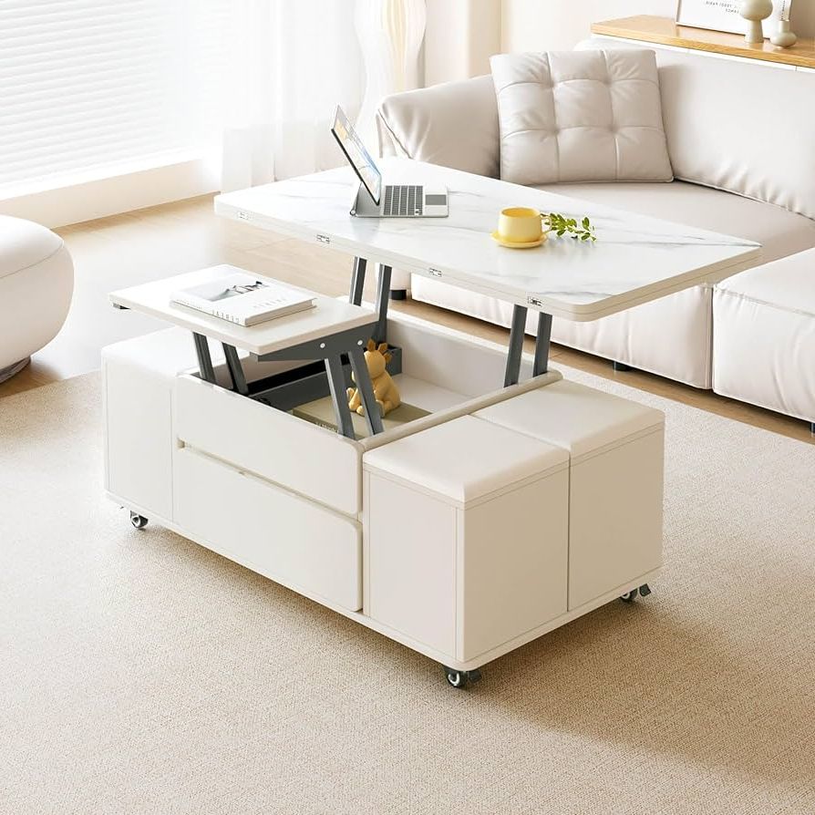 Lift Top Coffee Tables With Storage Drawers With Most Current Amazon: Gracenook White Lift Top Coffee Table With 4 Seats Set,two  Separate Lift Leaves Table, Storage Coffee Table With Lift Up Stools And  Drawers, Coffee Table Converts To Dining Table For Living (View 4 of 10)