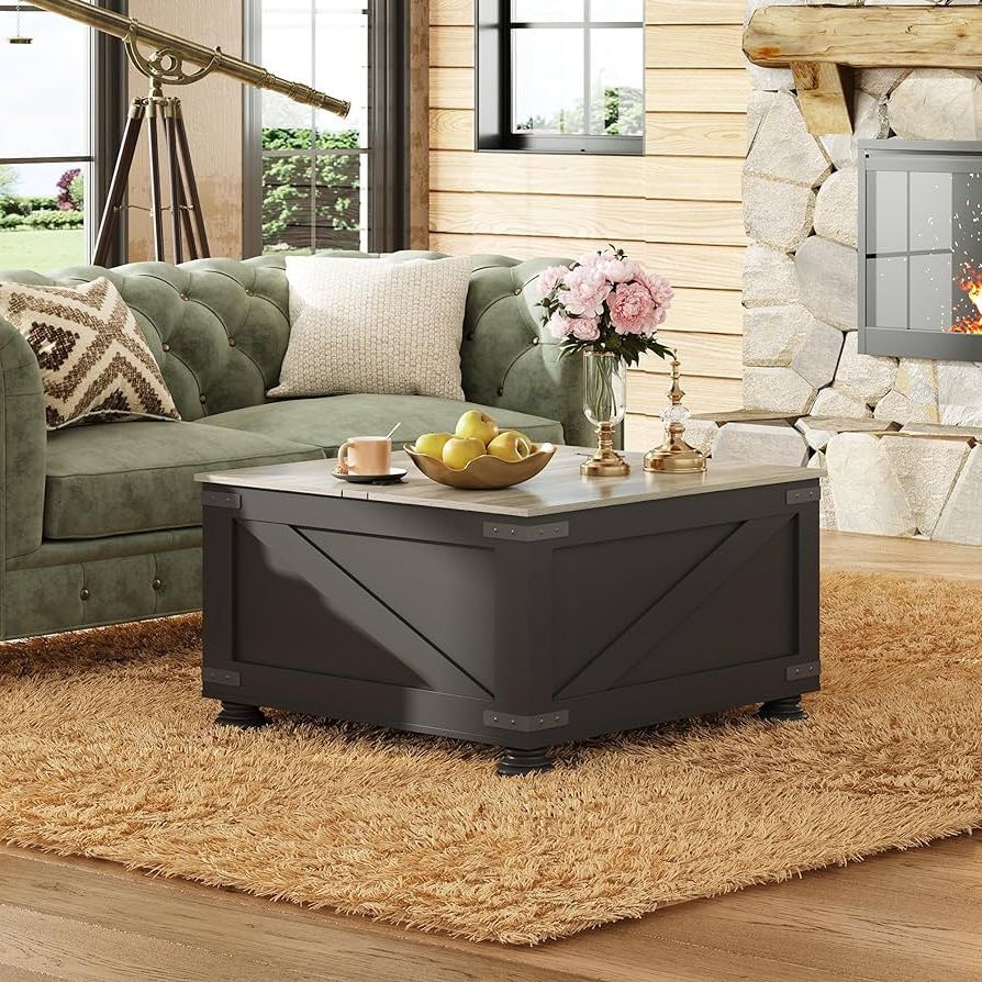 Living Room Farmhouse Coffee Tables With Famous Amazon: Wlive Farmhouse Coffee Table,square Wood Lift Top Coffee Table  With Storage,center Table For Living Room,home Office,black And Grey Oak :  Home & Kitchen (Photo 7 of 10)