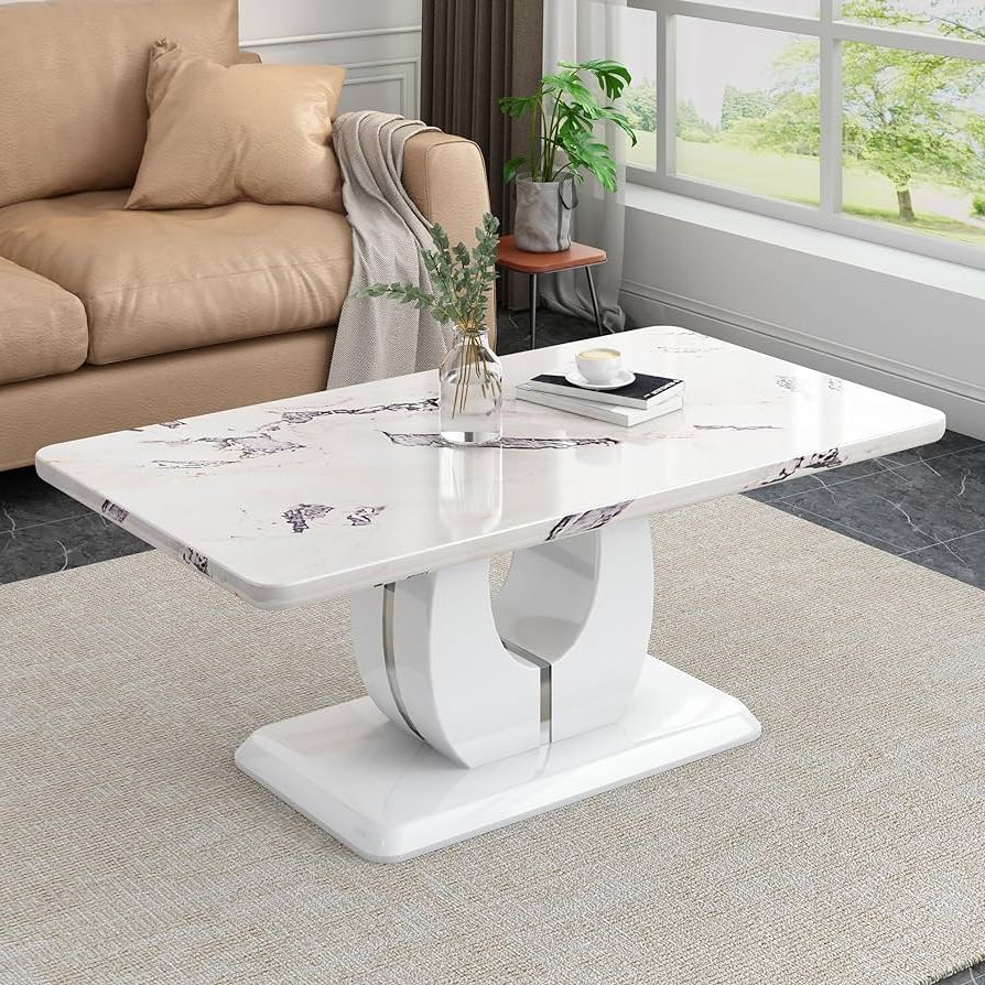 Luxury Marble Coffee Table With U Shape Pedestal Base Elegant Cocktail  Center Table For Living Room : Home & Kitchen (Photo 3 of 10)
