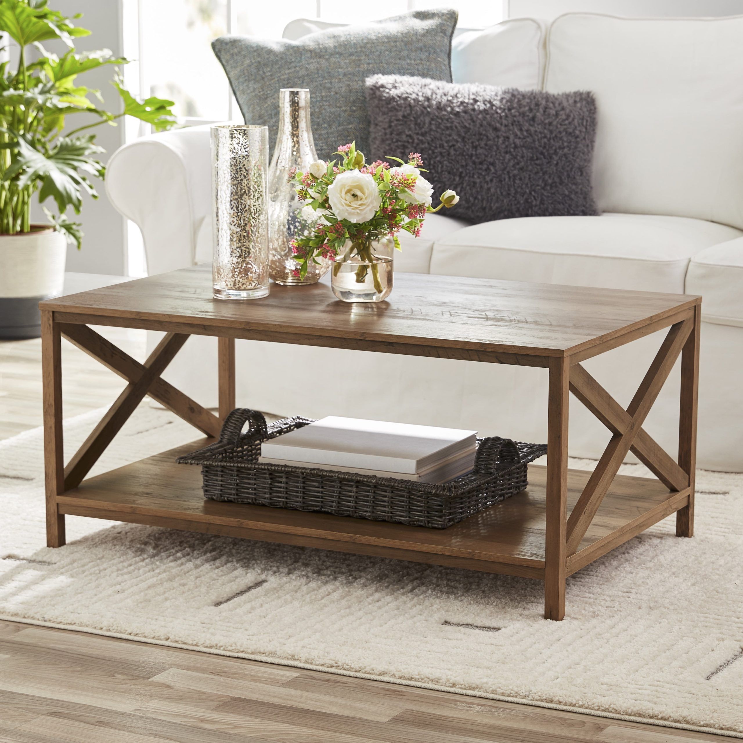 Mainstays Farmhouse Rectangle Coffee Table, Rustic Weathered Oak –  Walmart Intended For Fashionable Rectangle Coffee Tables (View 8 of 10)