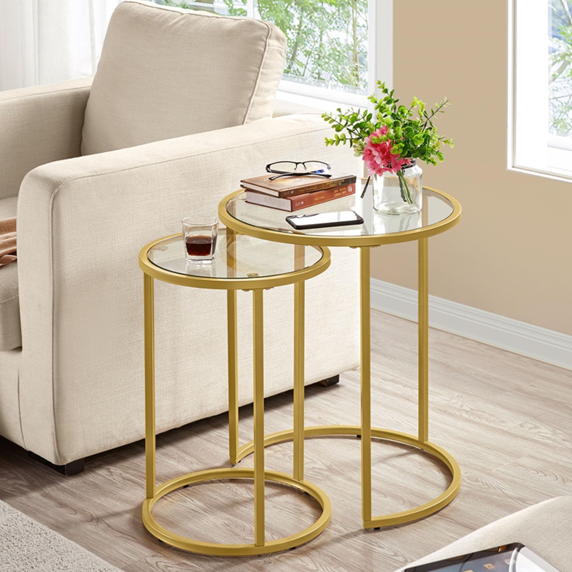 Metal Side Tables For Living Spaces In Most Current Amazon: Yaheetech Round Nesting Side Table Stacking Coffee Table, Set  Of 2 Circular Modern End Tables W/metal Frame & Tempered Glass Top &  Protective Foot Pads For Small Space Living Room Bedroom (View 7 of 10)