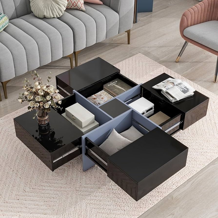 Modern Coffee Tables With Hidden Storage Compartments Within Most Recent Amazon: Merax Modern Square Coffee Table With 4 Hidden Storage  Compartments, Uv High Gloss Design For Living Room, Black : Home & Kitchen (Photo 1 of 10)