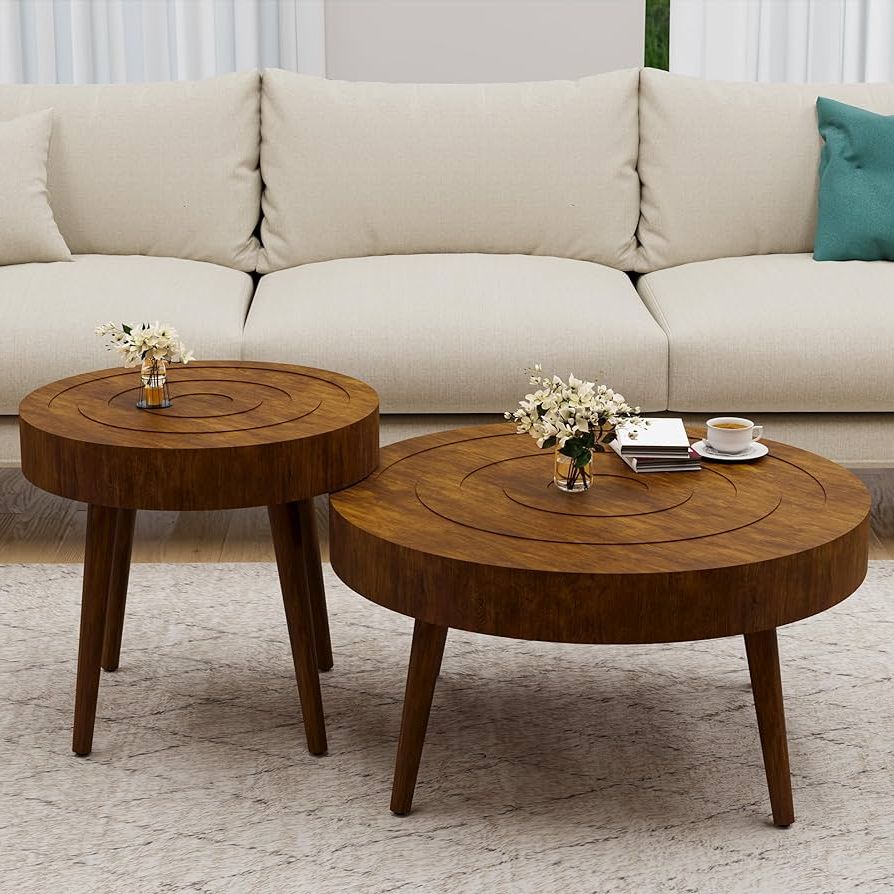 Modern Farmhouse Coffee Table Sets Intended For Famous Amazon: Koncemel Round Coffee Table Set Of 2, 2 Piece Farmhouse Nesting  Table W Wooden Circle Sleeve Pattern, Modern Mdf End Table For Living Room  Bedroom Office Balcony : Patio, Lawn & Garden (Photo 7 of 10)