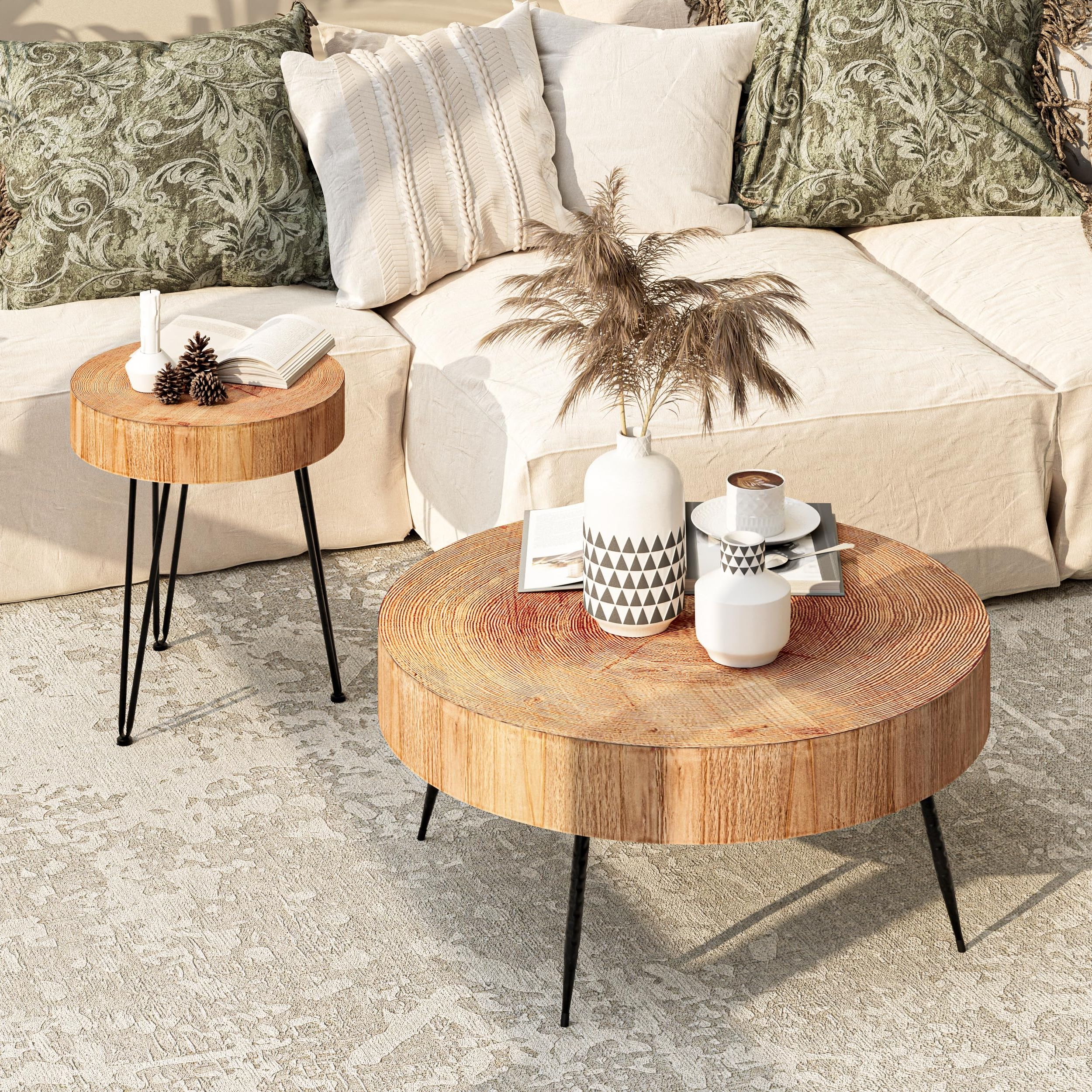 Modern Farmhouse Coffee Table Sets Throughout Best And Newest Amazon: Cozayh 2 Piece Modern Farmhouse Living Room Coffee Table Set,  Nesting Table Round Natural Finish With Handcrafted Wood Ring Motif, Light  Red + Wood Color : Home & Kitchen (Photo 1 of 10)