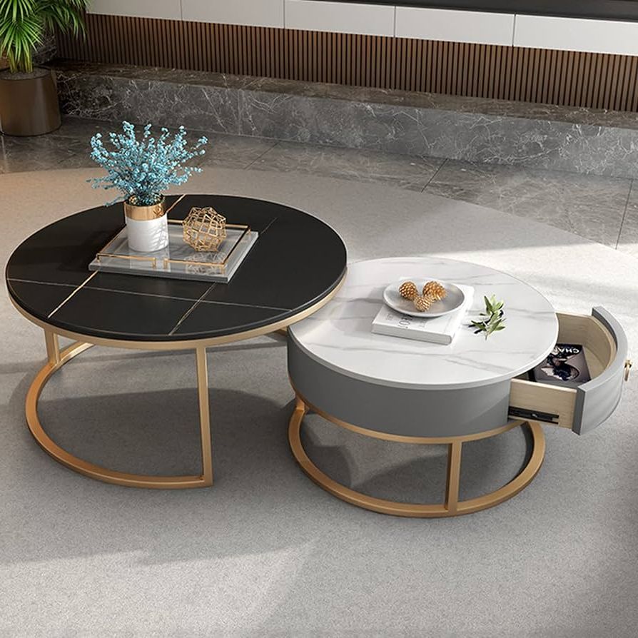 Modern Nesting Coffee Tables Regarding Most Current Amazon: Oyhmc Modern Nesting Coffee Table Set Of 2, Rock Slab Round Coffee  Table End Table Side Tables For Living Room Bedroom Balcony Yard : Home &  Kitchen (View 6 of 10)