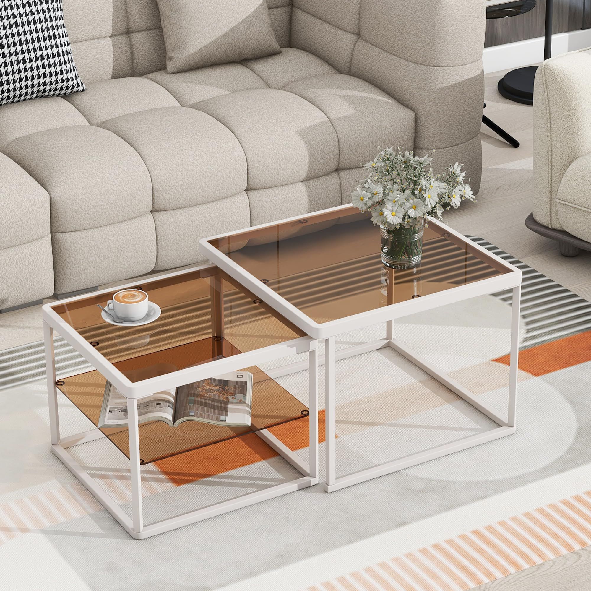 Modern Nesting Coffee Tables Throughout Best And Newest Amazon: Modern Nesting Coffee Tables Set, High Low Combination Coffee  Table Set With Metal Frame, Tempered Glass Cocktail Table, Length  Adjustable 2 Tier Center&end Table For Living Room (white+brown, Nested) :  Everything Else (View 7 of 10)