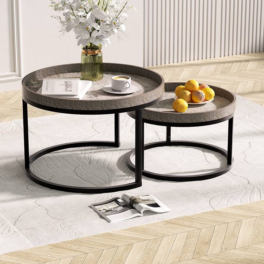 Modern Nesting Coffee Tables With Well Known Amazon: Aoikax Round Modern Nesting Coffee Table Set Of 2, Stacking  Living Room Accent Coffee Tables With Carved Top, Mid Century Wood Round Coffee  Table With Metal Frame : Home & Kitchen (Photo 2 of 10)