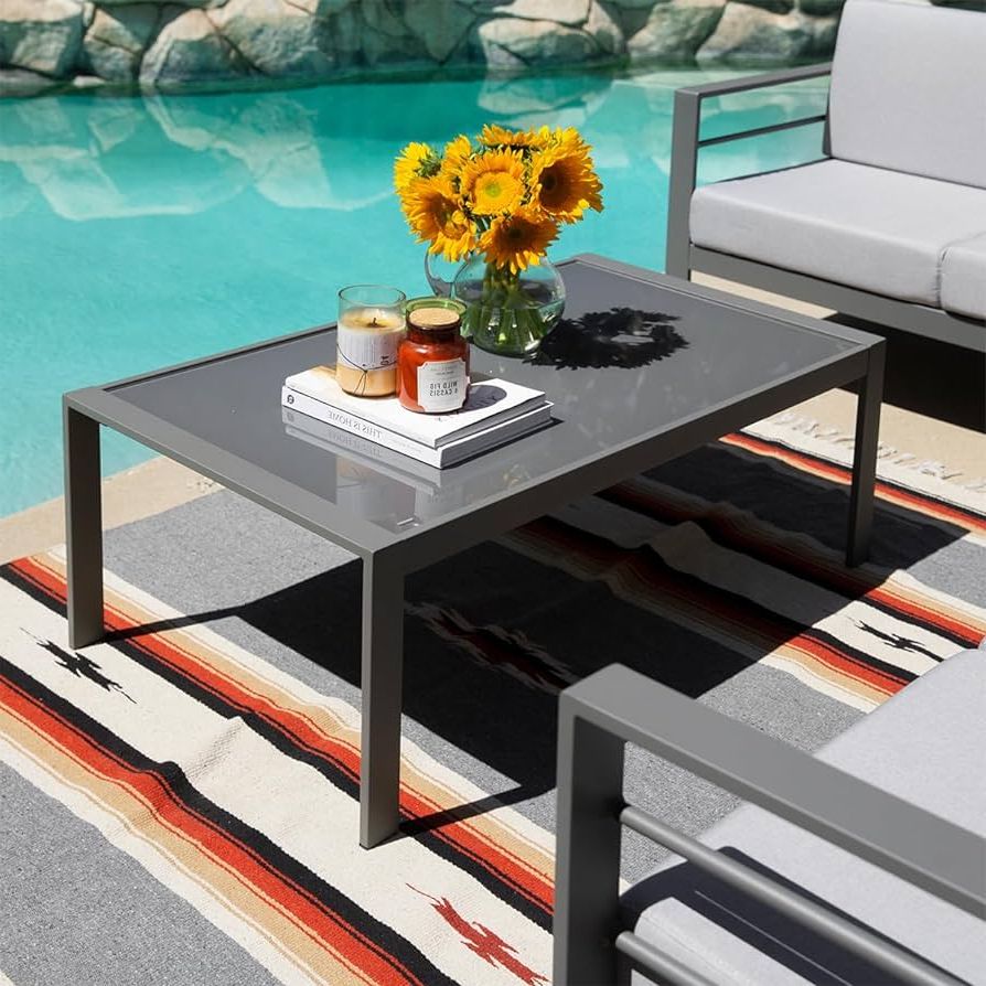 Modern Outdoor Patio Coffee Tables With Well Known Amazon: Barton 39" Patio Furniture Coffee Table All Weather Outdoor  Aluminum Rectangle Coffee Table Tempered Glass Table Top, Grey : Patio,  Lawn & Garden (Photo 1 of 10)