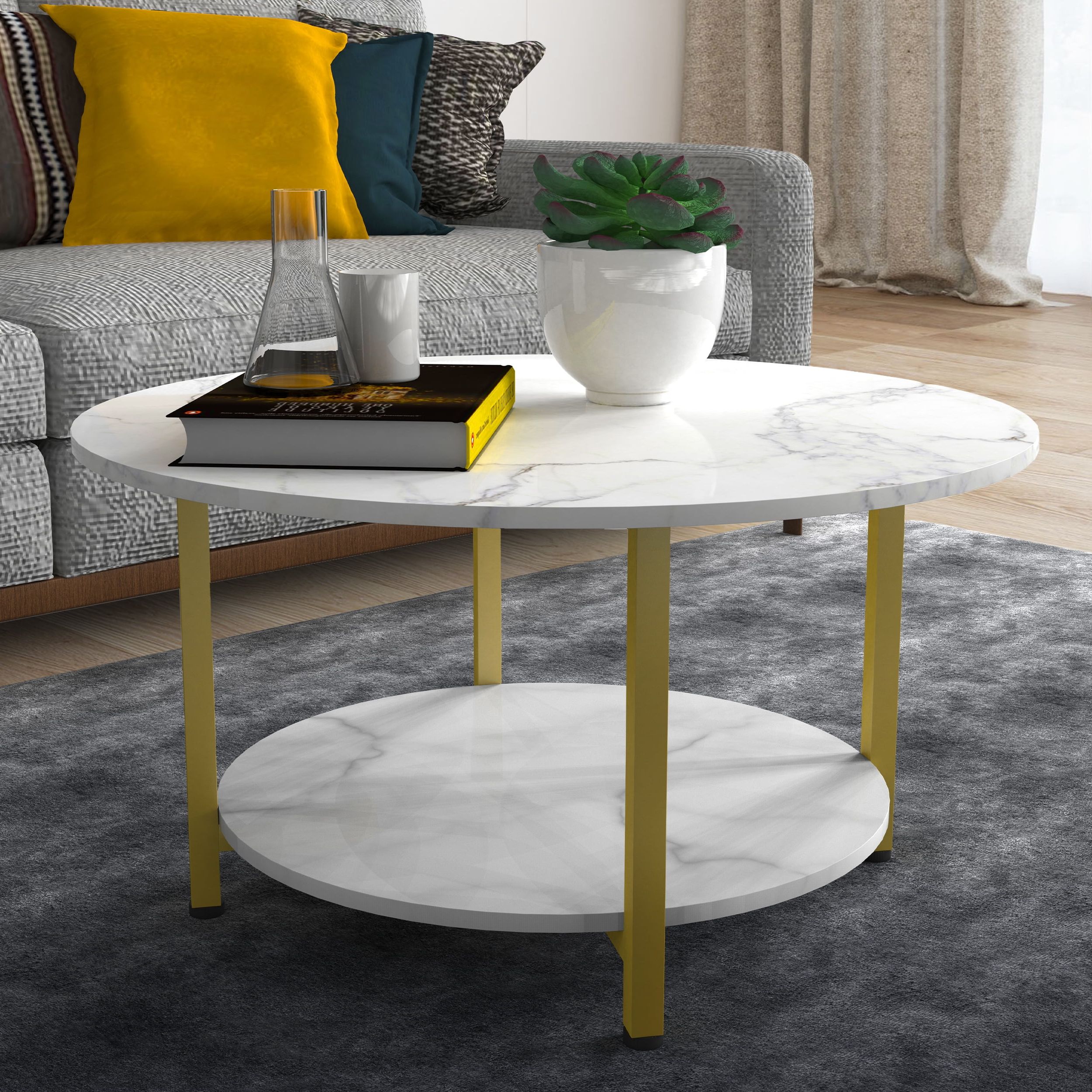 Modern Round Faux Marble Coffee Tables Pertaining To Famous Benton Park Modern Faux Marble 2 Tier Round Coffee, White/gold – Walmart (View 8 of 10)