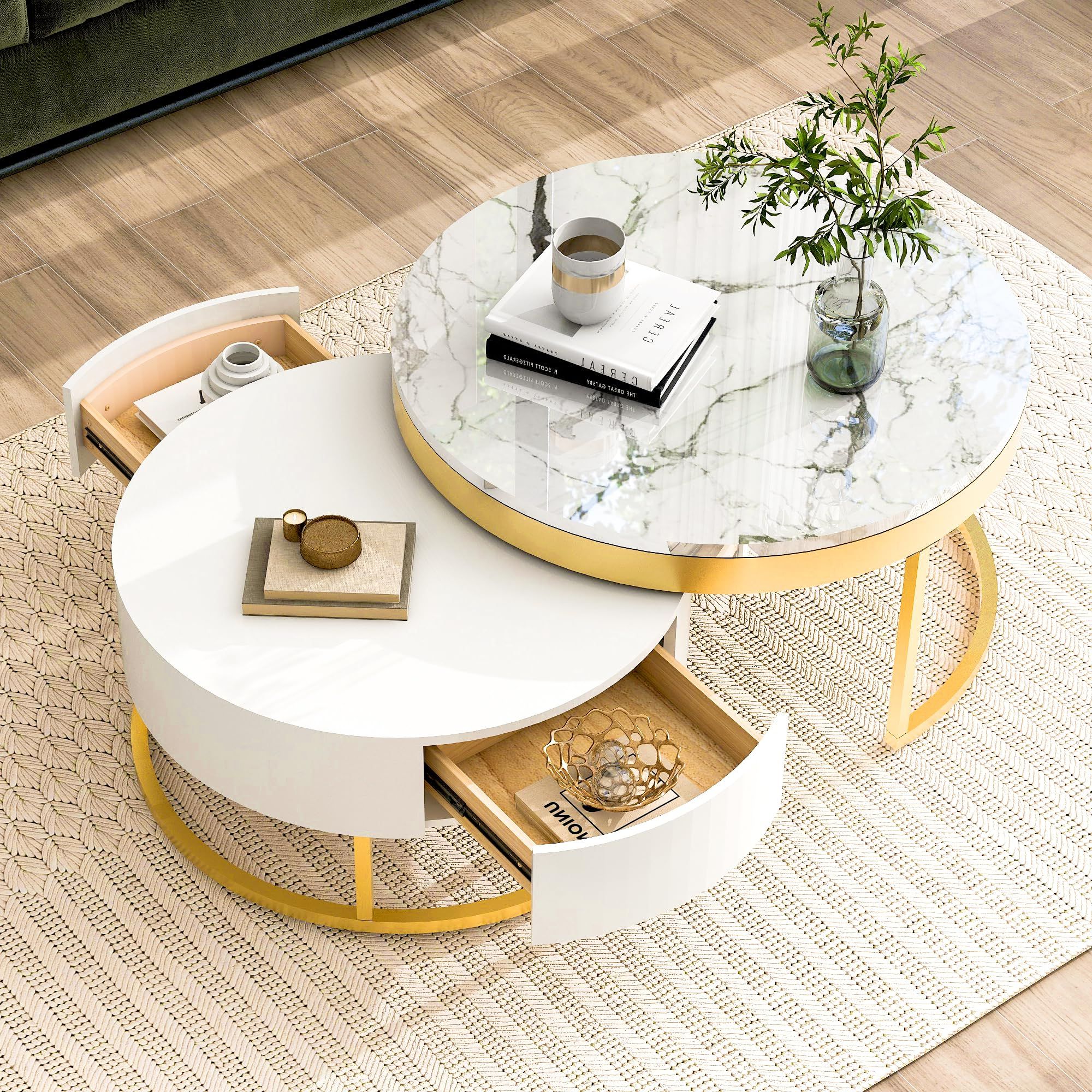 Modern Round Faux Marble Coffee Tables With Regard To Most Popular Amazon: Merax Coffee Table, Modern Round Nested Coffee Table With 2  Drawers & Faux Marble Top, Contemporary Luxury Center Table Cocktail Table  With Metal Frame For Living Room (white & Gold) : (Photo 1 of 10)