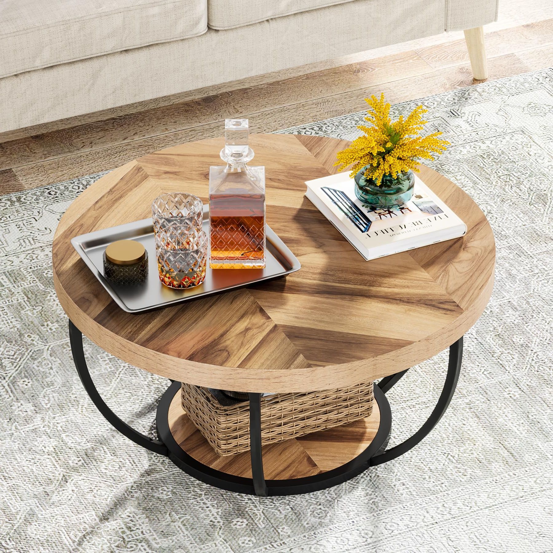 Most Current Amazon: Tribesigns Round Coffee Table, Modern 2 Tier Center Table With  Storage Open Shelves, Wooden Circle Coffee Table Sofa Side Table With Metal  Legs For Living Room, Wooden Grain And Black : Home Throughout Wood Coffee Tables With 2 Tier Storage (View 3 of 10)
