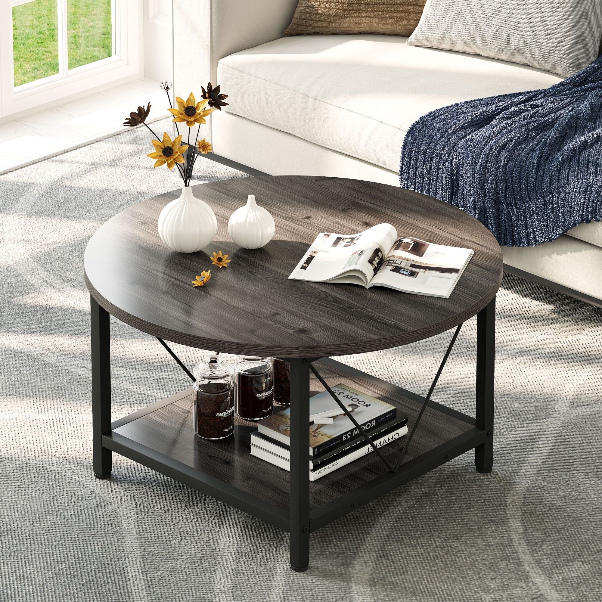 Most Current Coffee Tables With Metal Legs Throughout Dextrus Round Coffee Table With Storage, Rustic Living Room Tables With  Sturdy Metal Legs, Brown – Walmart (View 9 of 10)