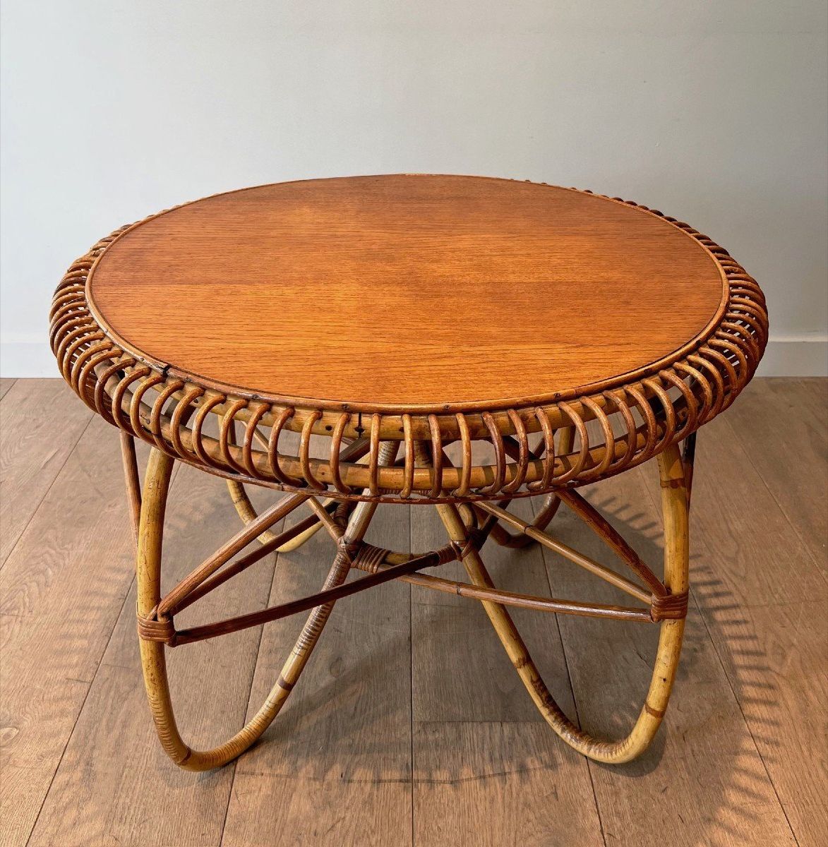 Most Current Coffee Tables With Round Wooden Tops Intended For Proantic: Round Rattan Coffee Table With A Wooden Top. Italian Work St (Photo 10 of 10)