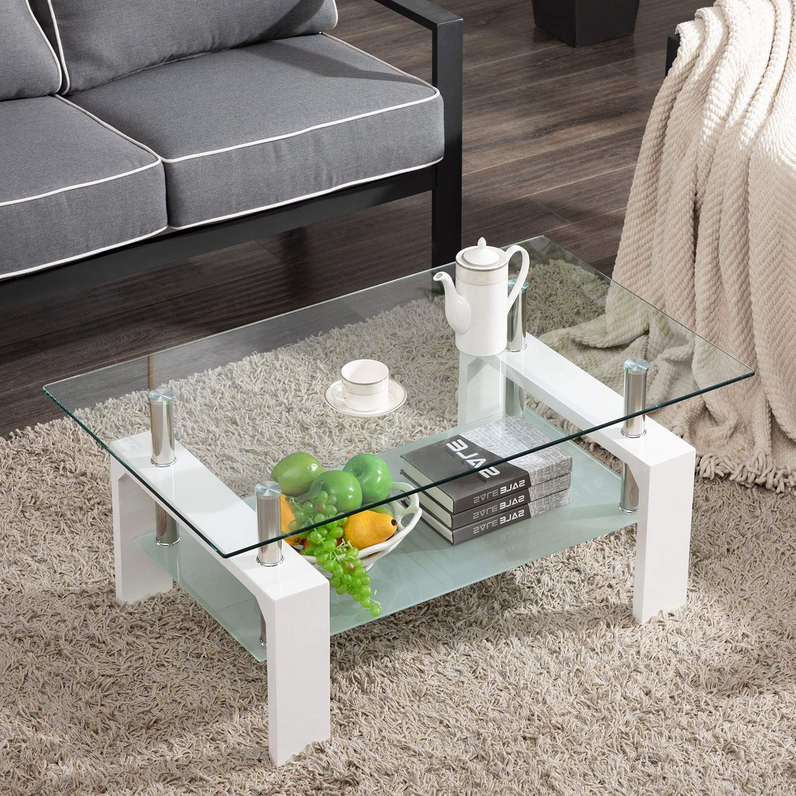 Most Current Glass Coffee Tables With Lower Shelves Inside Amazon: Living Room Rectangle Glass Coffee Table, Modern Living Room  Table With Lower Shelf, Clear Tempered Glass Top With White Color Wooden  Legs,living Room Furniture,waiting Area Table : Home & Kitchen (View 3 of 10)