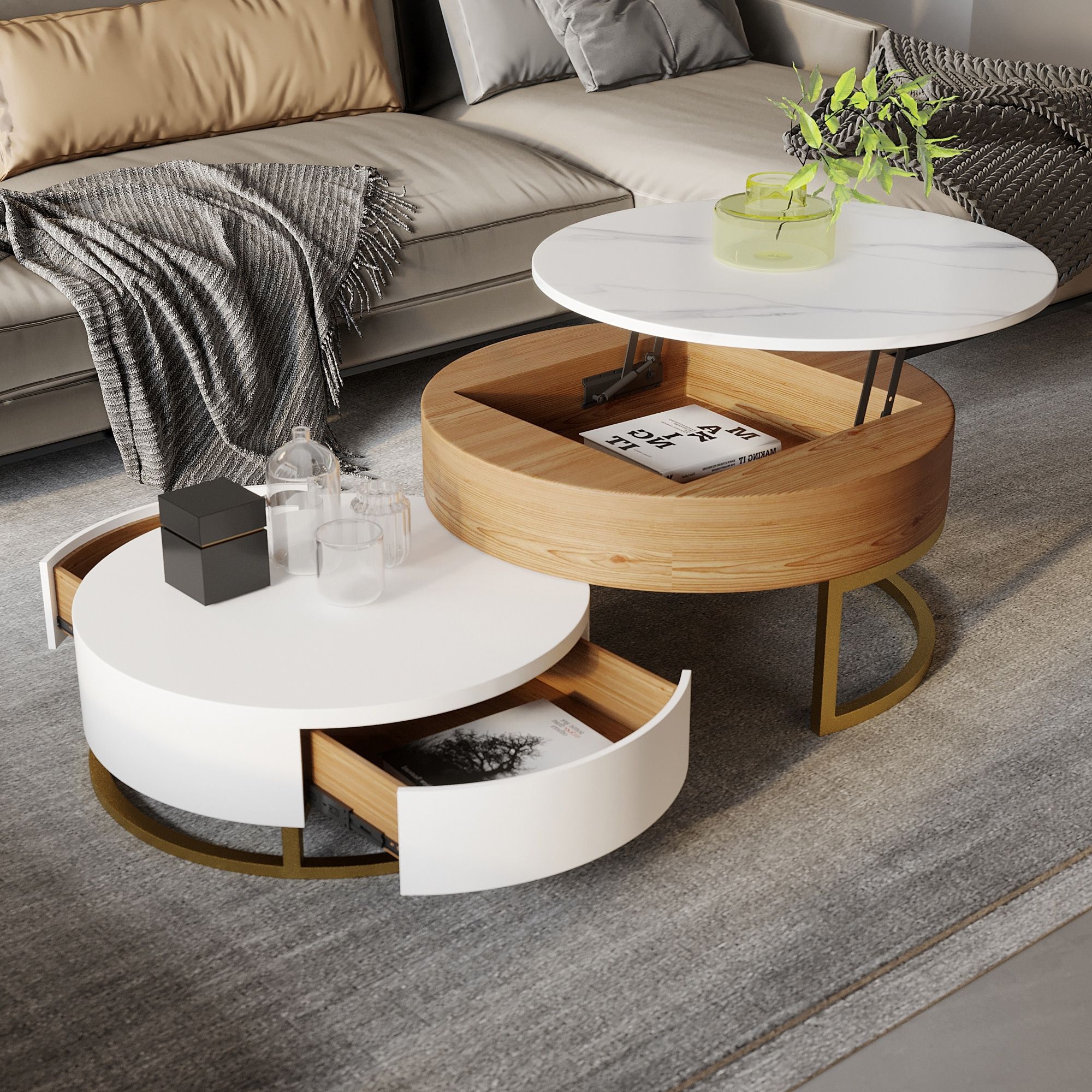 Most Current Lift Top Coffee Tables With Storage Drawers Regarding Lift Top Round Coffee Table Set Of 2 With Storage, 2 Pinewood Drawers,  Swivel Tabletop, Nesting Design – On Sale – Bed Bath & Beyond – 35219233 (Photo 7 of 10)
