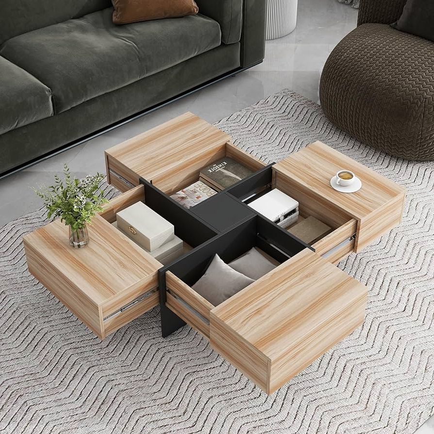 Most Current Transitional Square Coffee Tables Within Amazon: Square Coffee Table With Storage For Living Room Unique Center  Table With Extendable Sliding Tabletop Modern Tea Table High Gloss Cocktail  Tables For Apartment, Brown : Home & Kitchen (Photo 9 of 10)