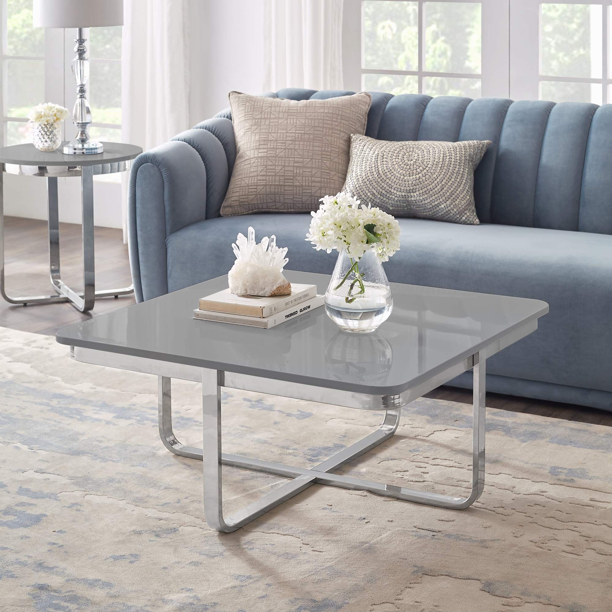 Most Popular Amazon: Inspire Home Square Coffee Table – High Gloss Lacquer Finish  Top Table For Living Room Polished Stainless Steel Base X Leg Latrice Light  Grey/chrome : Home & Kitchen Within Glossy Finished Metal Coffee Tables (View 2 of 10)
