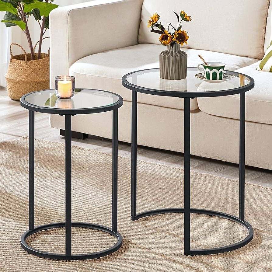 Most Popular Amazon: Yaheetech Round Nesting End Table Set Of 2,stacking Side Tables,coffee  Tables Set W/metal Frame & Glass Top & Protective Foot Pads For Small Space,  Living Room, Office  Black : Home & Intended For Metal Side Tables For Living Spaces (View 4 of 10)