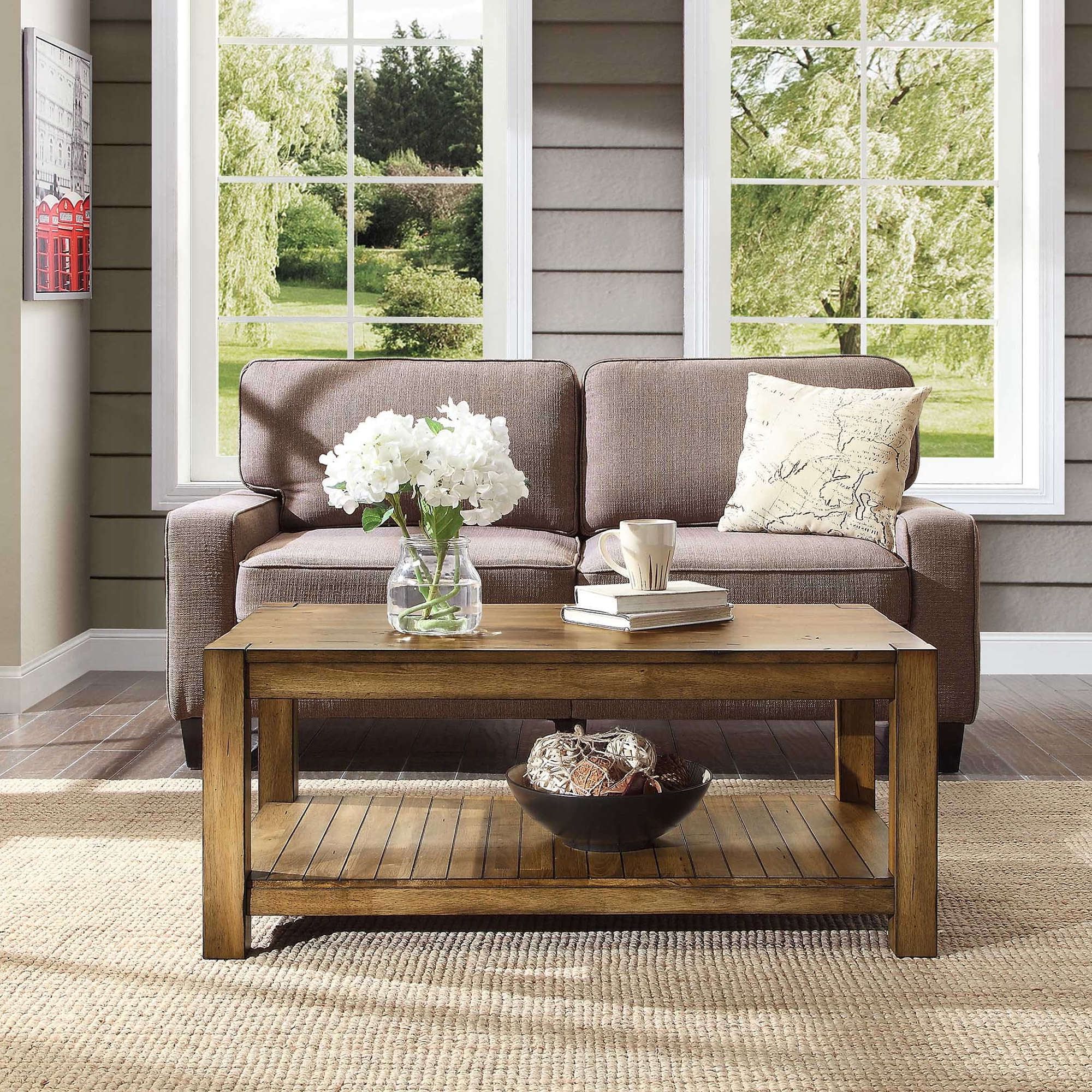 Most Popular Brown Rustic Coffee Tables Throughout Better Homes & Gardens Bryant Solid Wood Coffee Table, Rustic Maple Brown  Finish – Walmart (View 4 of 10)