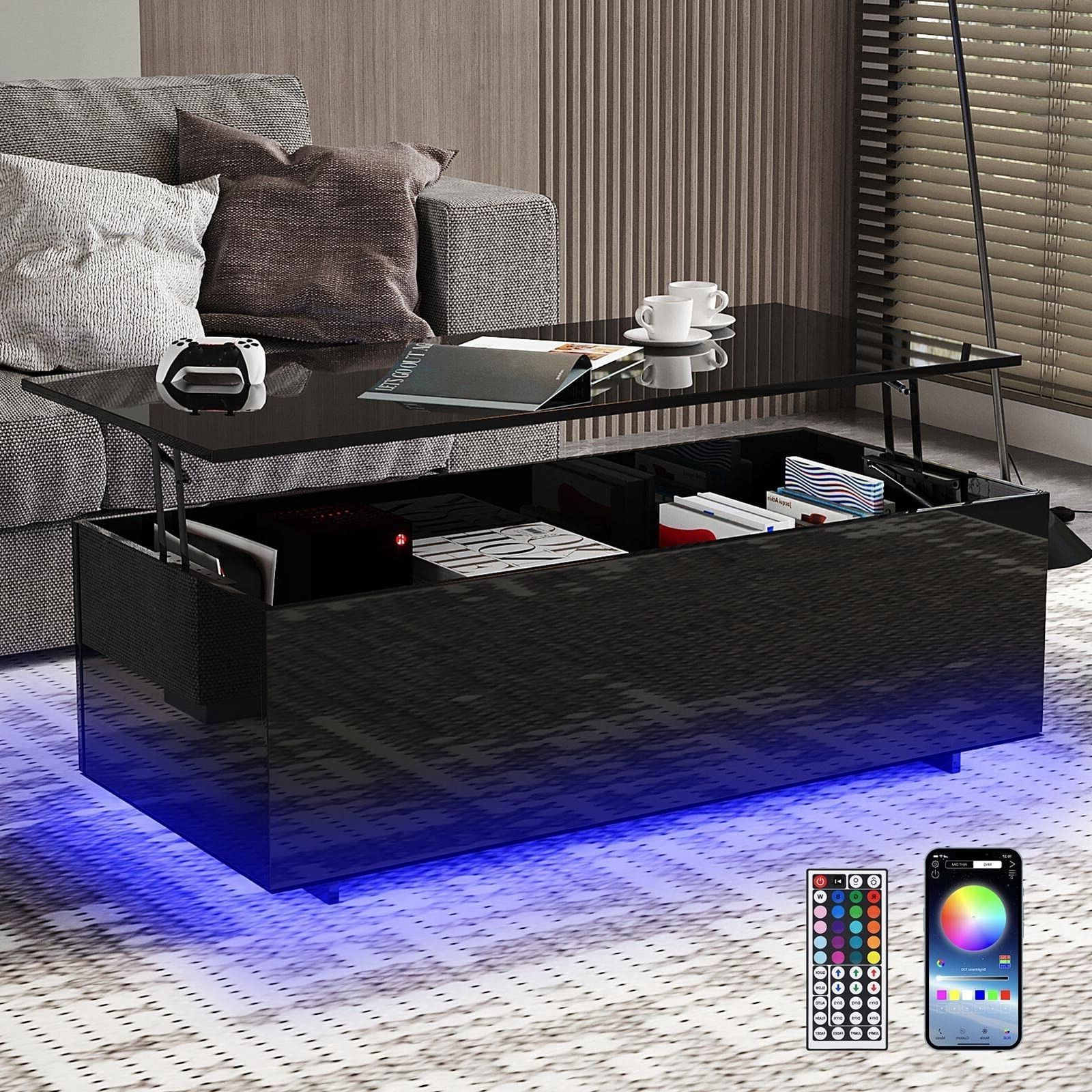 Most Popular Coffee Tables With Led Lights With Shiyao 47inch Modern Led Coffee Tables Lift Top With Storage And Hidden  Compartment, High Glossy Coffee Tables With 20 Colors Led Light –  Walmart (View 10 of 10)