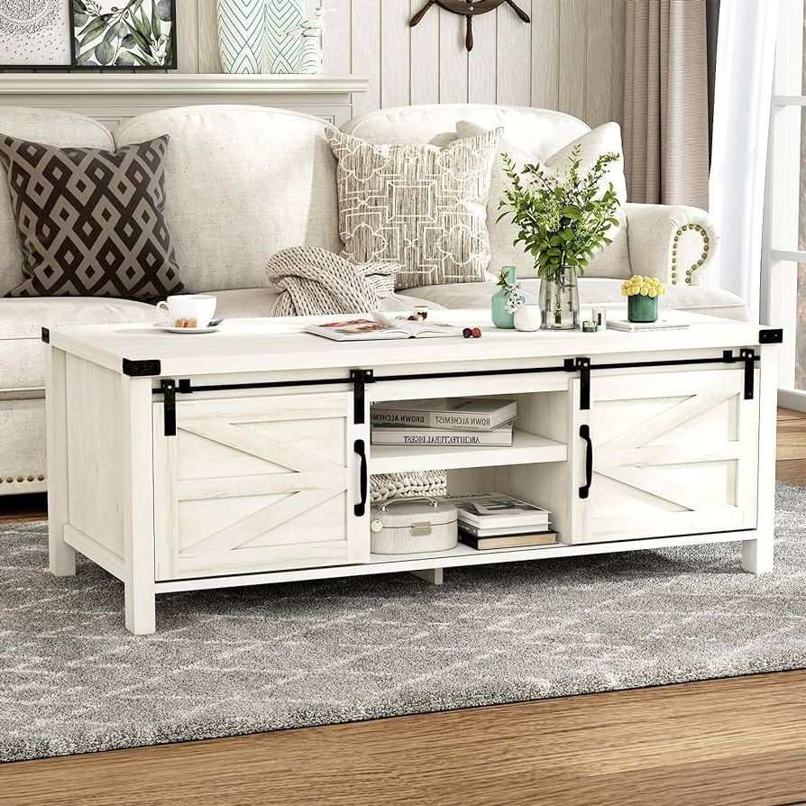 Most Popular Coffee Tables With Sliding Barn Doors Intended For Amazon: Jimeimen Farmhouse Coffee Table With Sliding Barn Doors And  Storage, Living Room Center Tables, Rustic Wooden Rectangular Tables  W/adjustable Cabinet Shelves, White : Home & Kitchen (View 5 of 10)