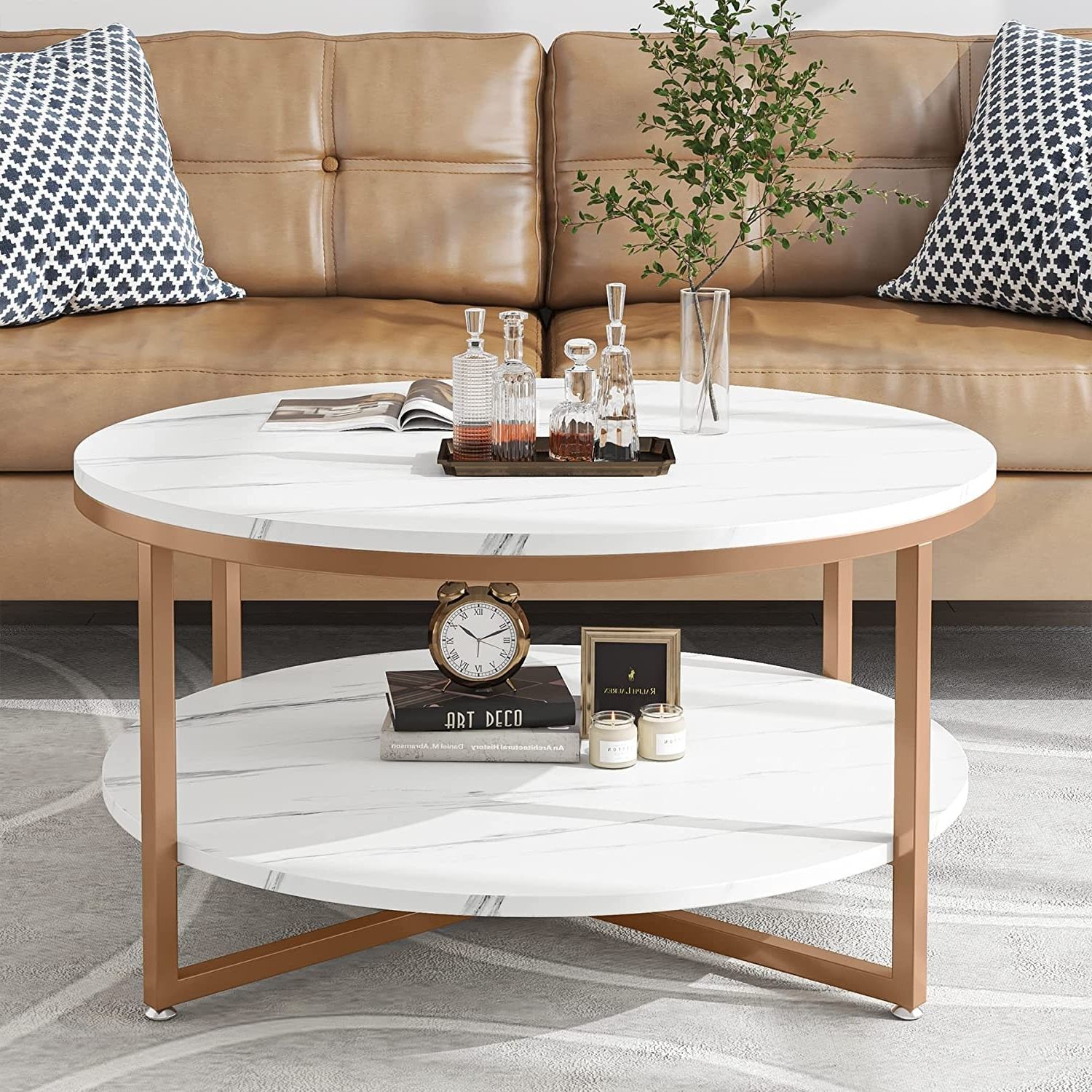 Most Popular Two Tier Round Faux Marble Modern Coffee Table With Metal Legs And Open  Storage Shelf For Living Room, White Gold – Bed Bath & Beyond – 37593828 Regarding Coffee Tables With Open Storage Shelves (View 8 of 10)