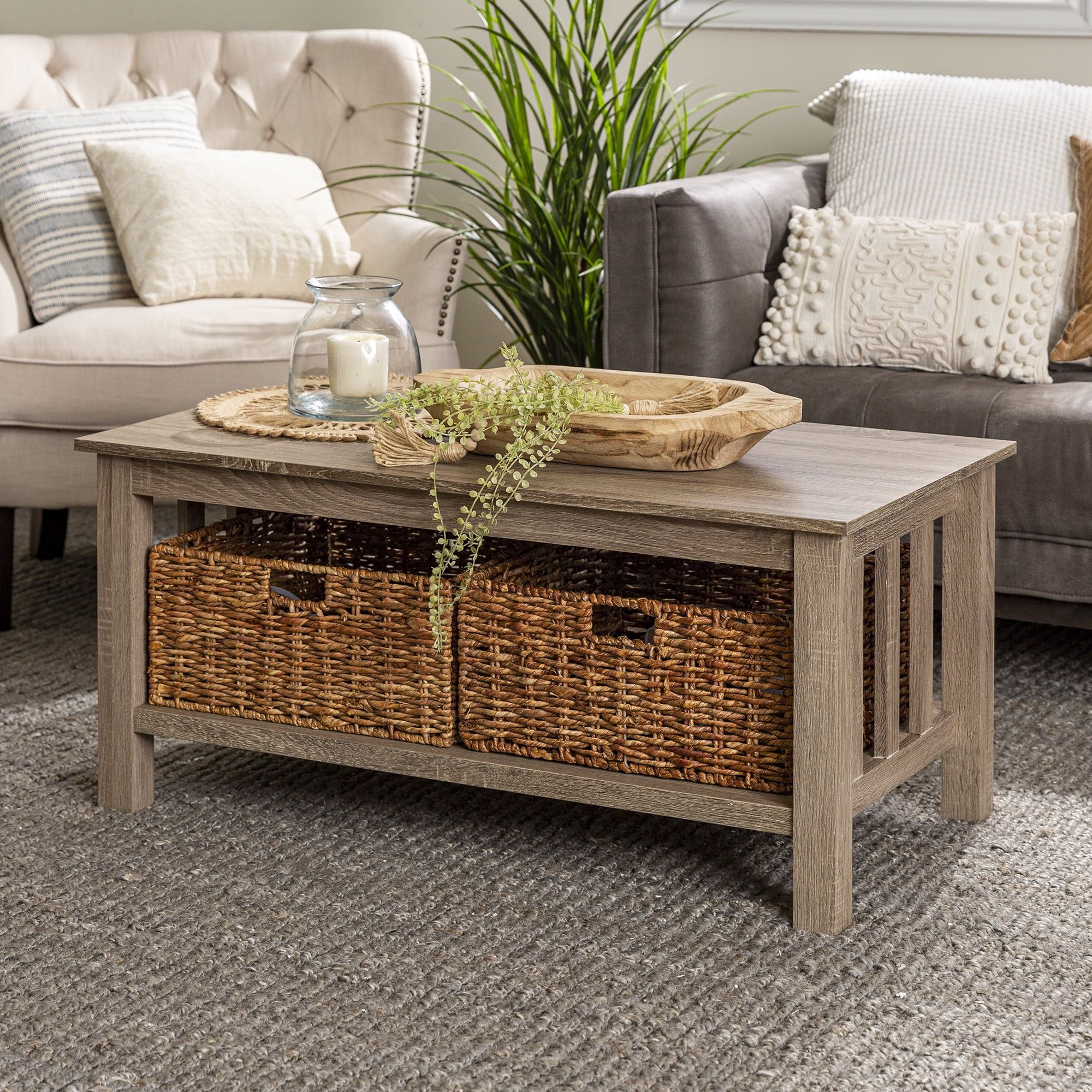 Most Popular Woven Paths Coffee Tables With Regard To Woven Paths Traditional Storage Coffee Table With Bins, Driftwood –  Walmart (View 3 of 10)