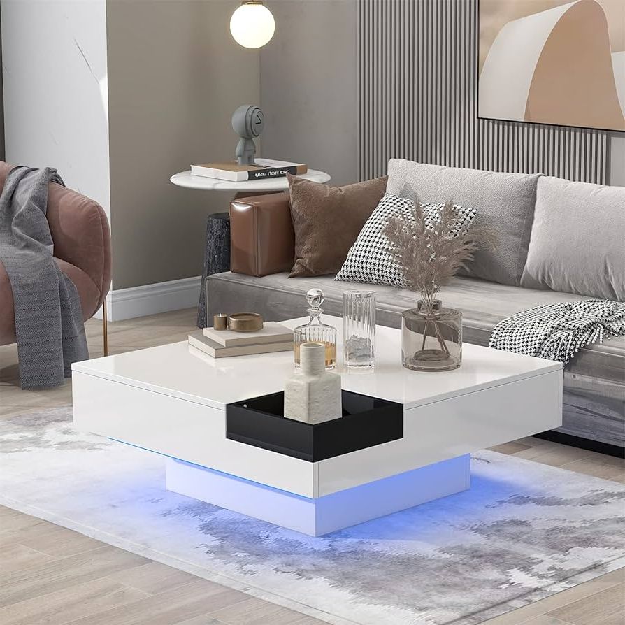 Most Recent Amazon: Led Coffee Table Cocktail Table With Detachable Tray,  Minimalist Style Furniture Modern Design End Table With Led Lighting For  Living Room, 16 Colors Rgb With A Remote Control (white Type B) : Pertaining To Detachable Tray Coffee Tables (Photo 2 of 10)