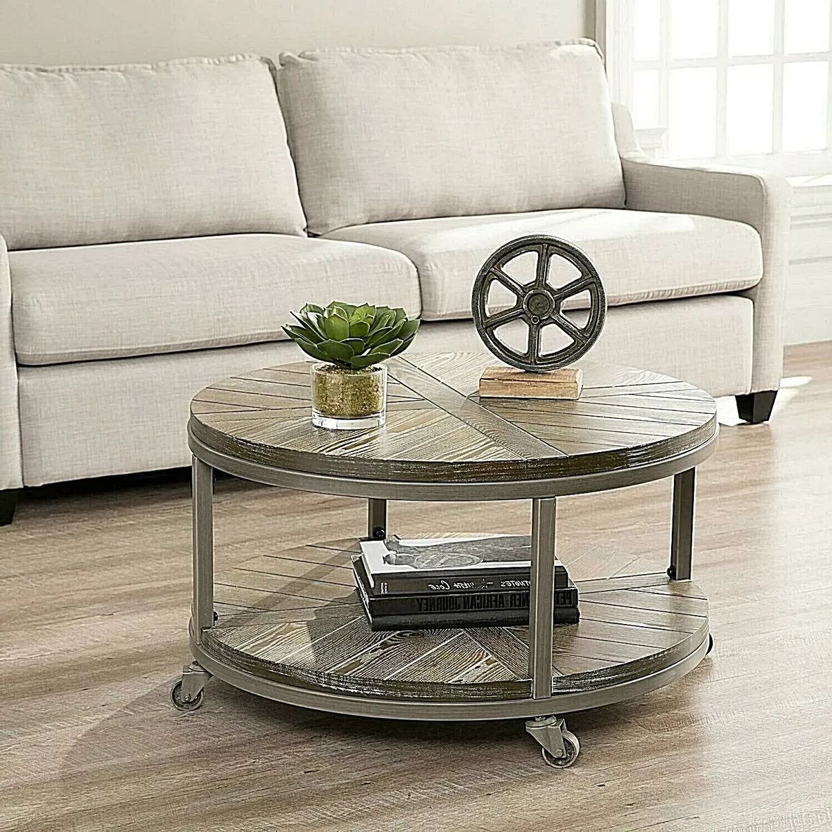 Most Recent Coffee Tables With Casters Inside Rustic Industrial Round Coffee Table W/shelf & Casters Wheels, Distressed  Brown (Photo 6 of 10)