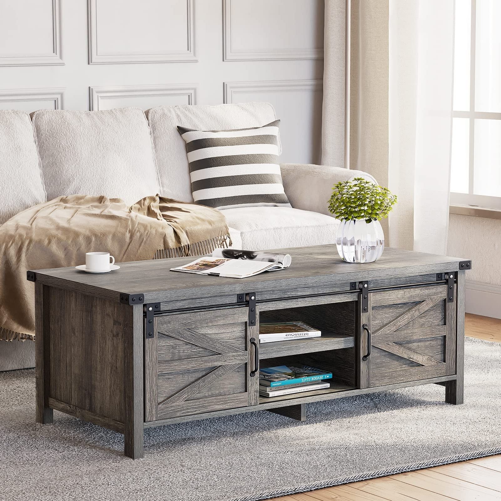 Most Recent Farmhouse Coffee Table With Sliding Barn Doors & Storage, Grey Rustic  Wooden Center Rectangular Tables – Bed Bath & Beyond – 37841722 With Regard To Coffee Tables With Storage And Barn Doors (View 5 of 10)