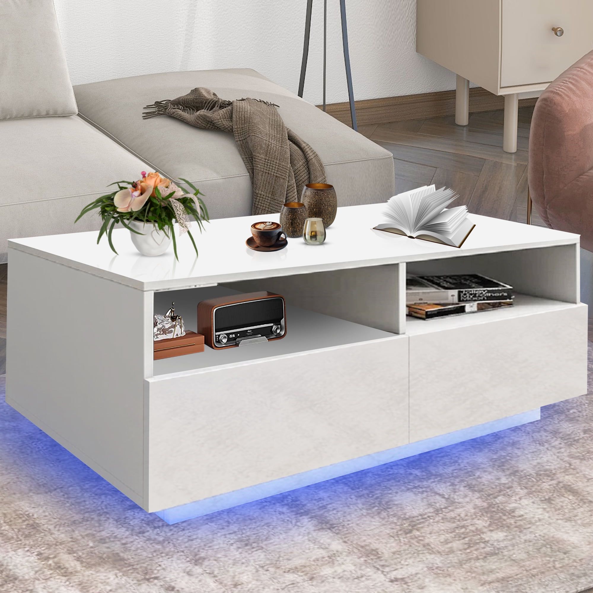 Most Recent Rectangular Led Coffee Tables Pertaining To Syngar Led Coffee Table With 4 Storage Sliding Drawers And Open Shelves,  Modern High Glossy Center Table Rectangular With Multiple Colors Led Lights  For Living Room Bedroom, Easy Assembly, White – Walmart (Photo 9 of 10)