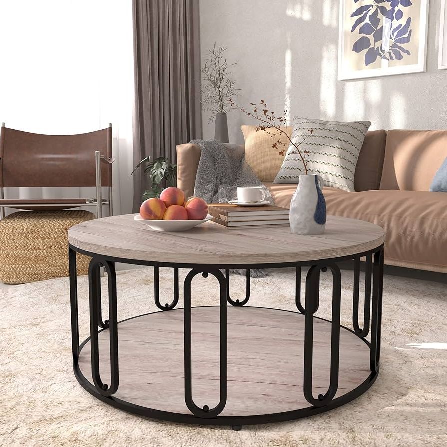 Most Recently Released Round Coffee Tables With Steel Frames Throughout Amazon: Easyzon Rustic Round Coffee Table, Wooden 2 Tier Living Room  Table With Open Storage Shelf, O Shaped Steel Frame Industrial Tables For  Home/office/reception, Light Oak : Home & Kitchen (Photo 3 of 10)