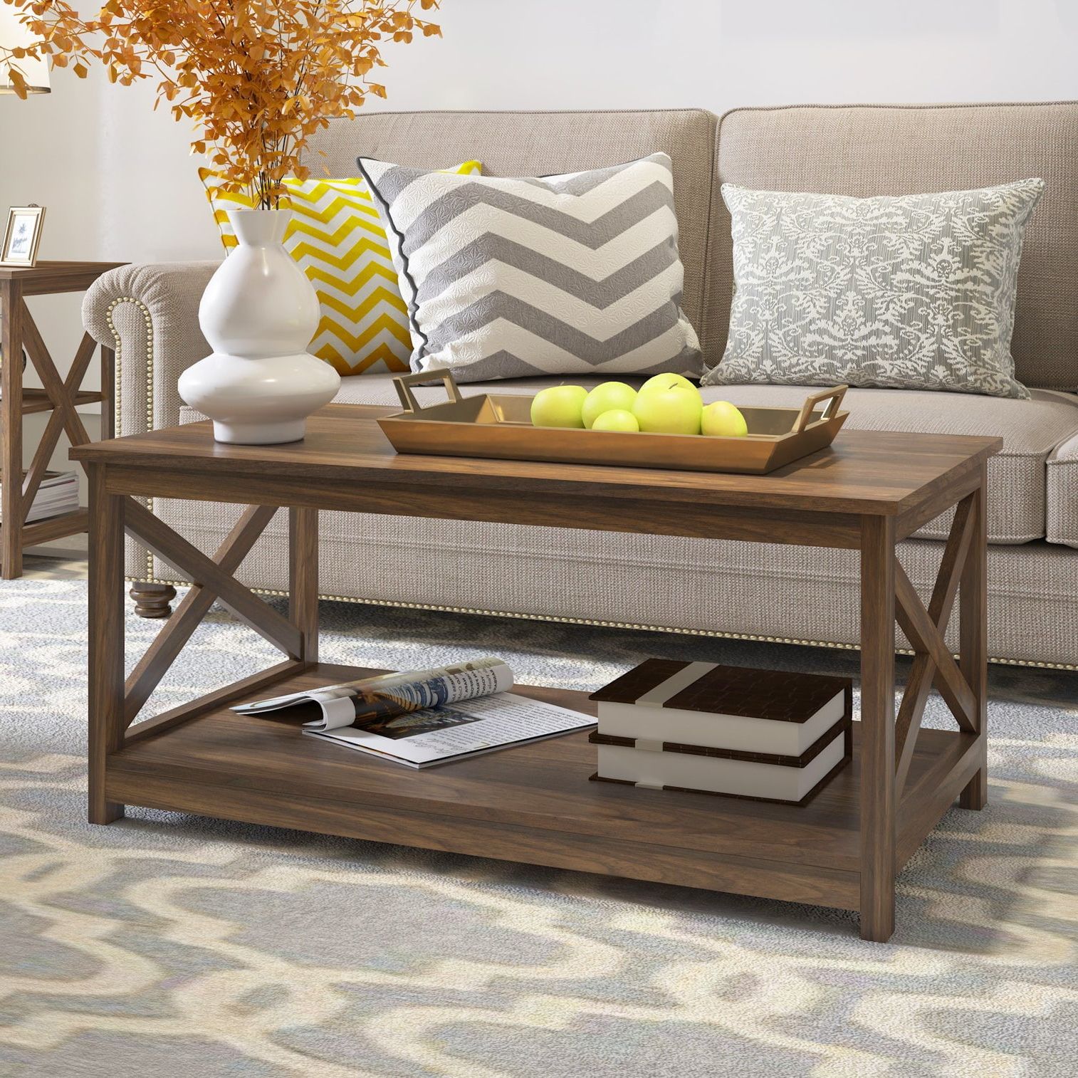 Most Recently Released Wood Coffee Tables With 2 Tier Storage With Regard To Modern Farmhouse Wood Coffee Table With 2 Tier Storage, 40 Inch, Dark  Walnut – Walmart (Photo 9 of 10)